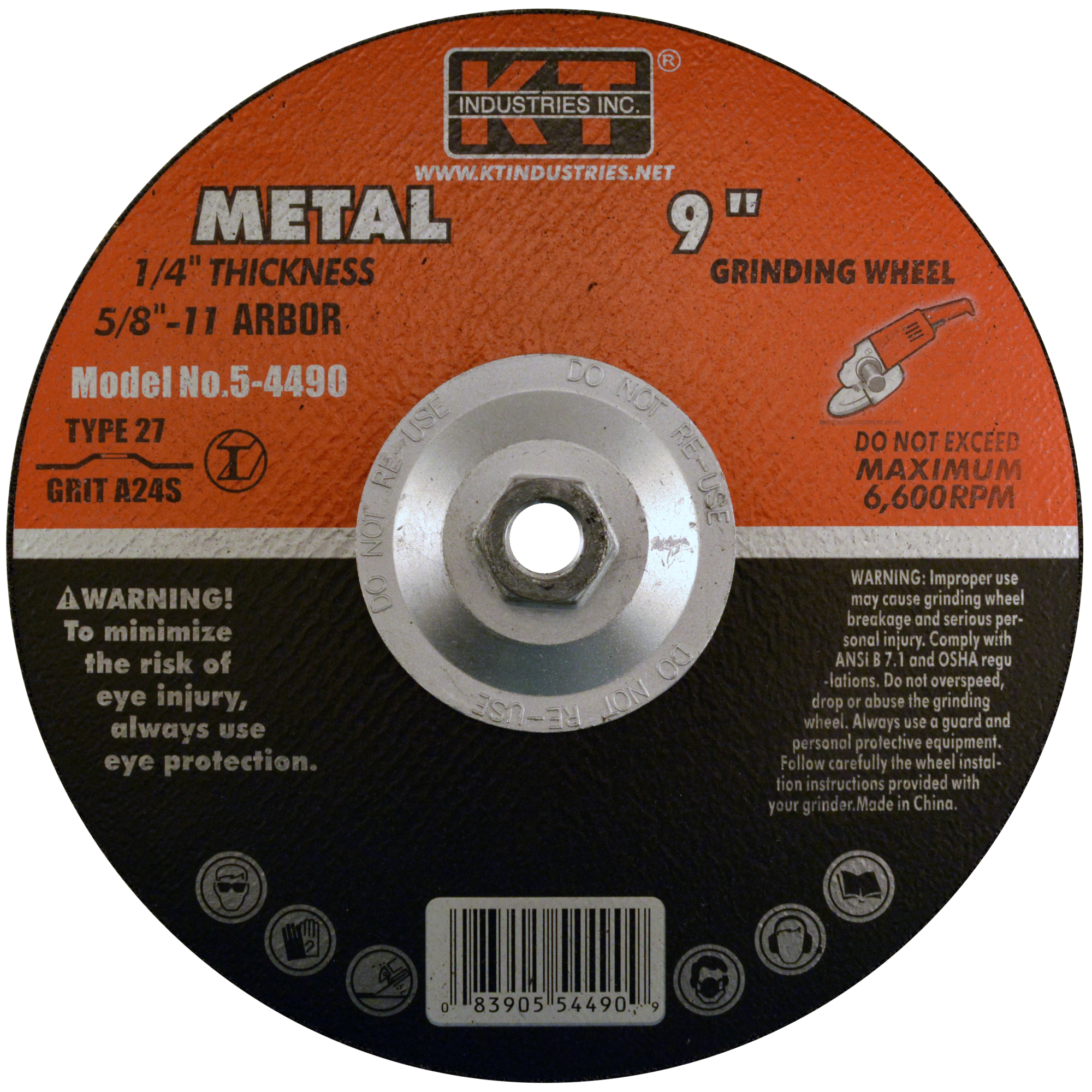 K-T Industries Grinding Wheel — 9in. x 1/4in., 5/8in.-11 Arbor, Type 27, Model# 5-4490