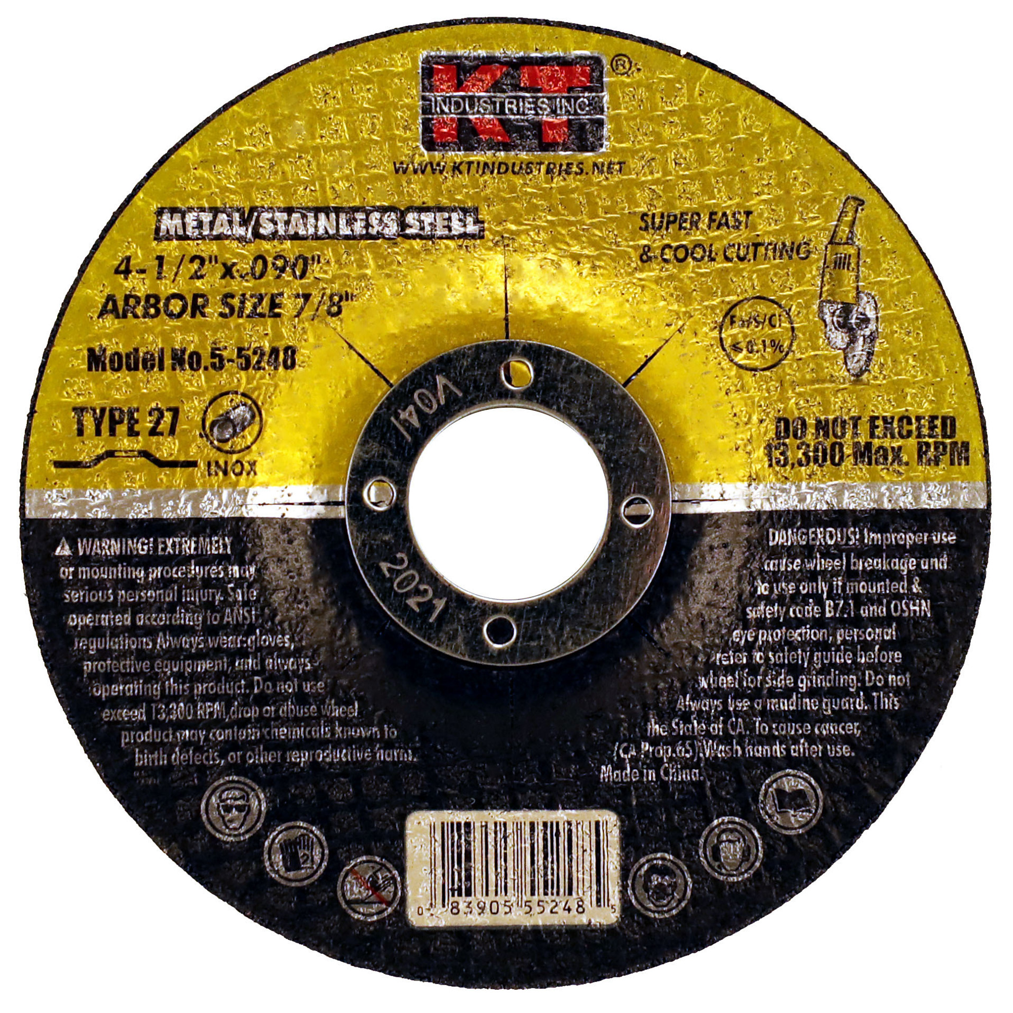 K-T Industries Reinforced Cutting Wheels — 4.5in. x 0.09in. x 7/8in., Pack of 10, Model# 5-5248