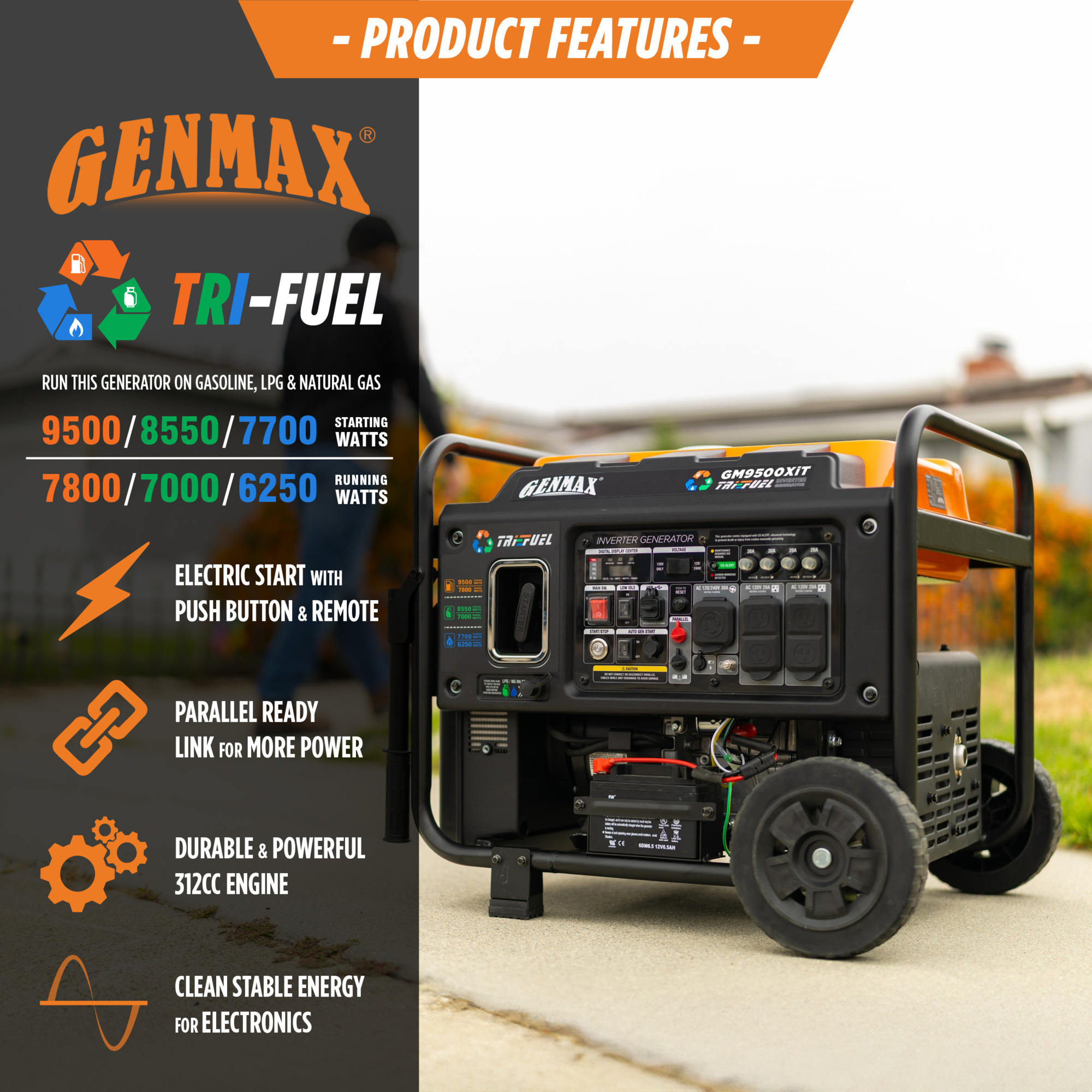 Generator Rear Tool 9,500/7,800-Watt Tri Fuel Electric Start Inverter Generator with 312CC ...