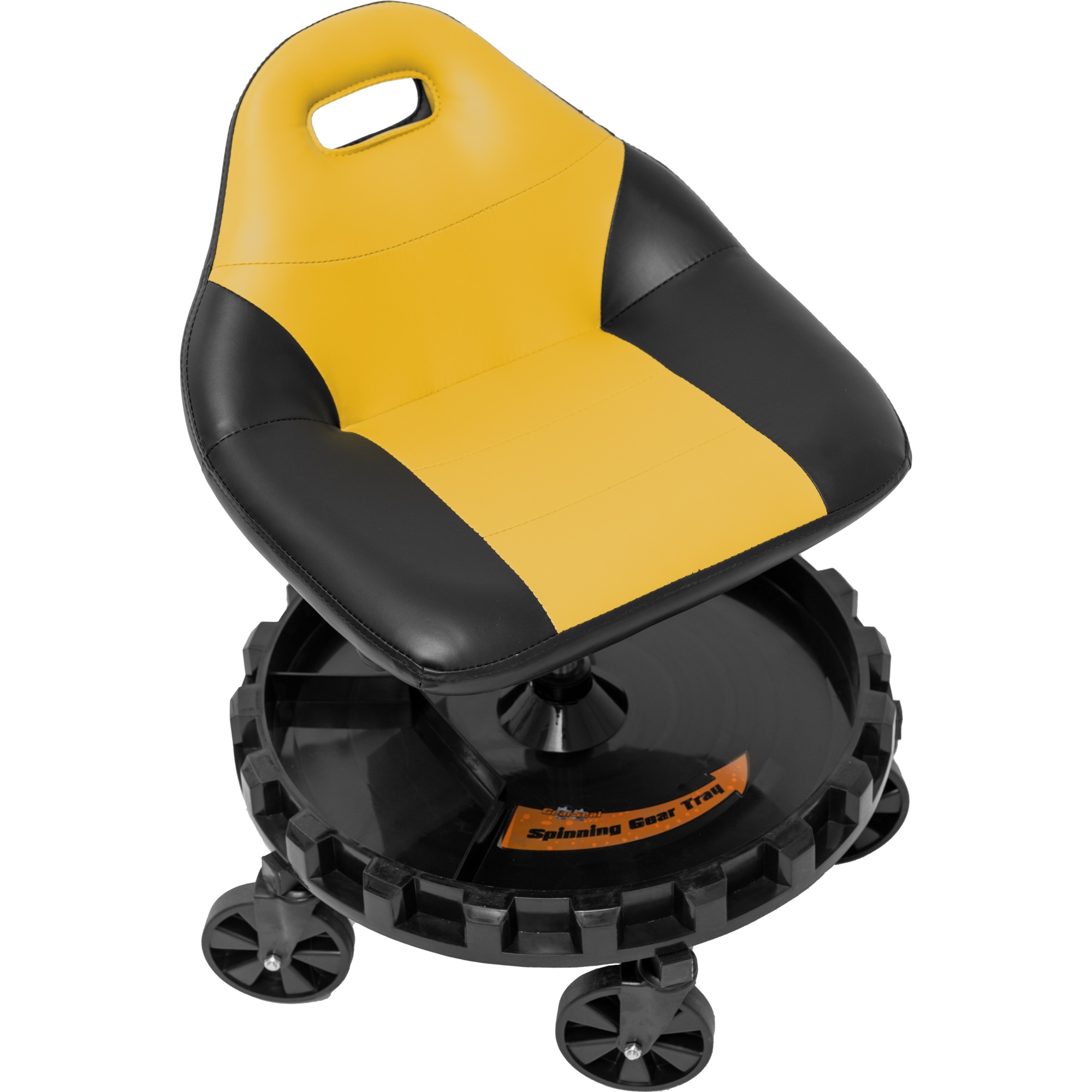 Traxion ProGear Race Seat - Yellow, Comfortable for extended periods of time. Built-in handle provides one-handed carrying. Large Gear Tray spins for easy access to tools and parts. Model #2-704