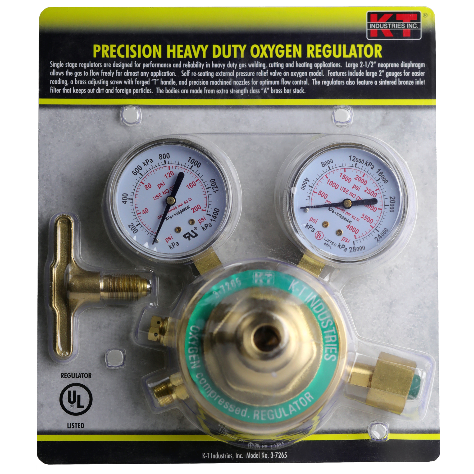 K-T Industries Heavy-Duty Oxygen Regulator — Single Stage, 3-3/4in. Stainless Steel Diaphragm, 2-1/2in. Gauges, Brass Adjusting Screw, Model# 3-7265