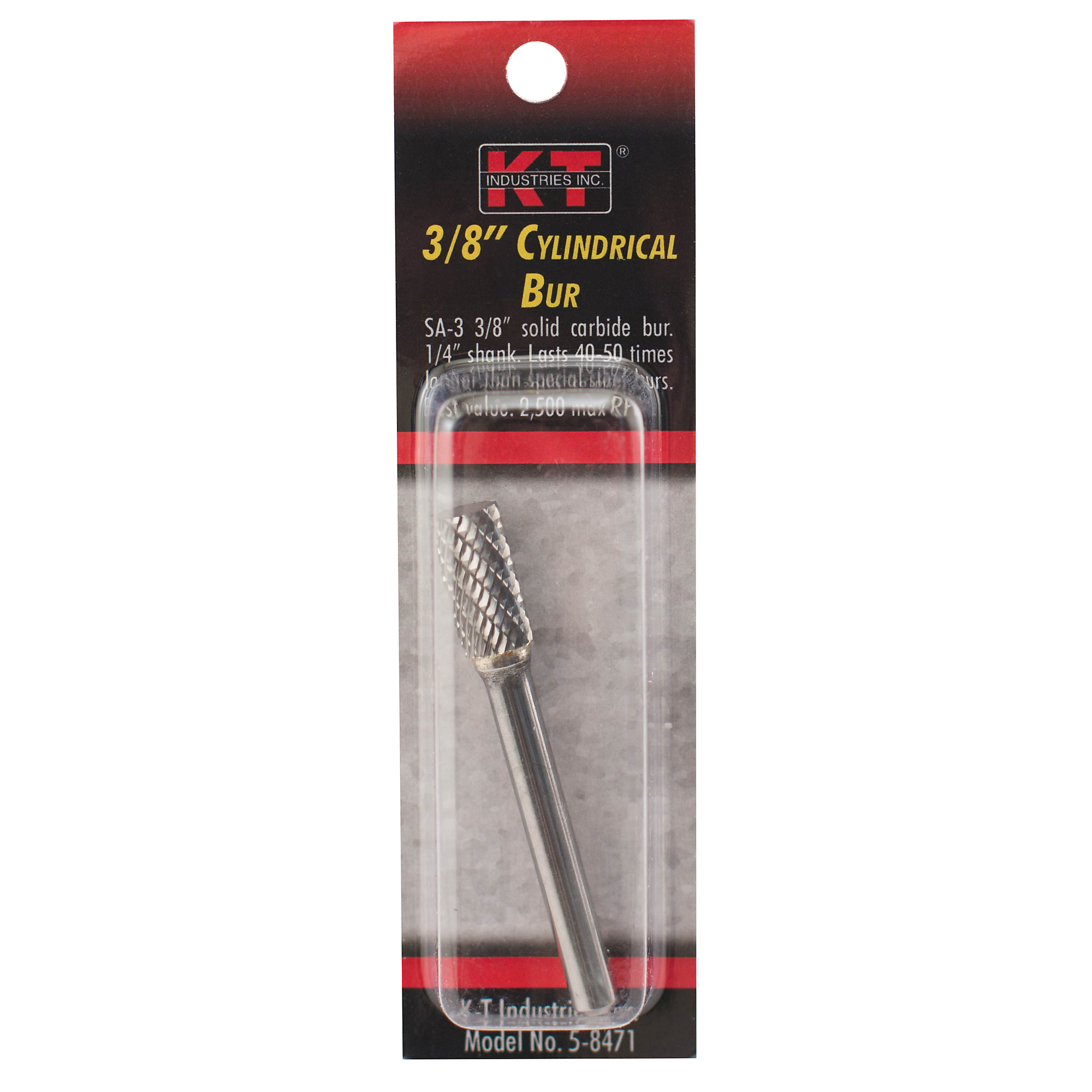 K-T Industries Solid Carbide Bur — 3/8in. Flat Top Cylindrical, 1/4in. Shank, Model# 5-8471