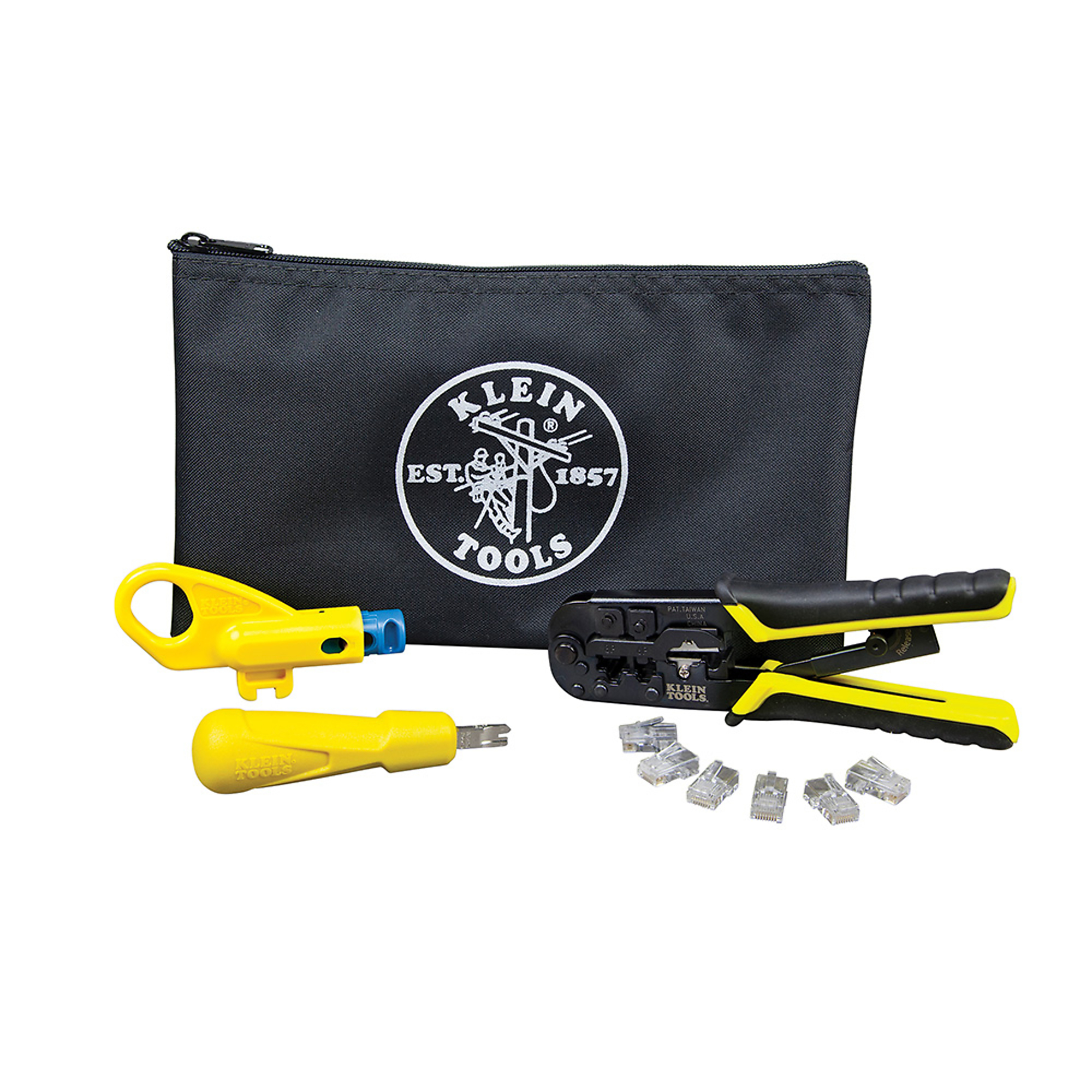 Klein Tools Twisted Pair Installation Kit with Zipper Pouch — Includes Radial Stripper, Ratcheting Crimper/Stripper, 110-Type Punchdown Tool, Modular Data Plugs, Model# VDV026-212