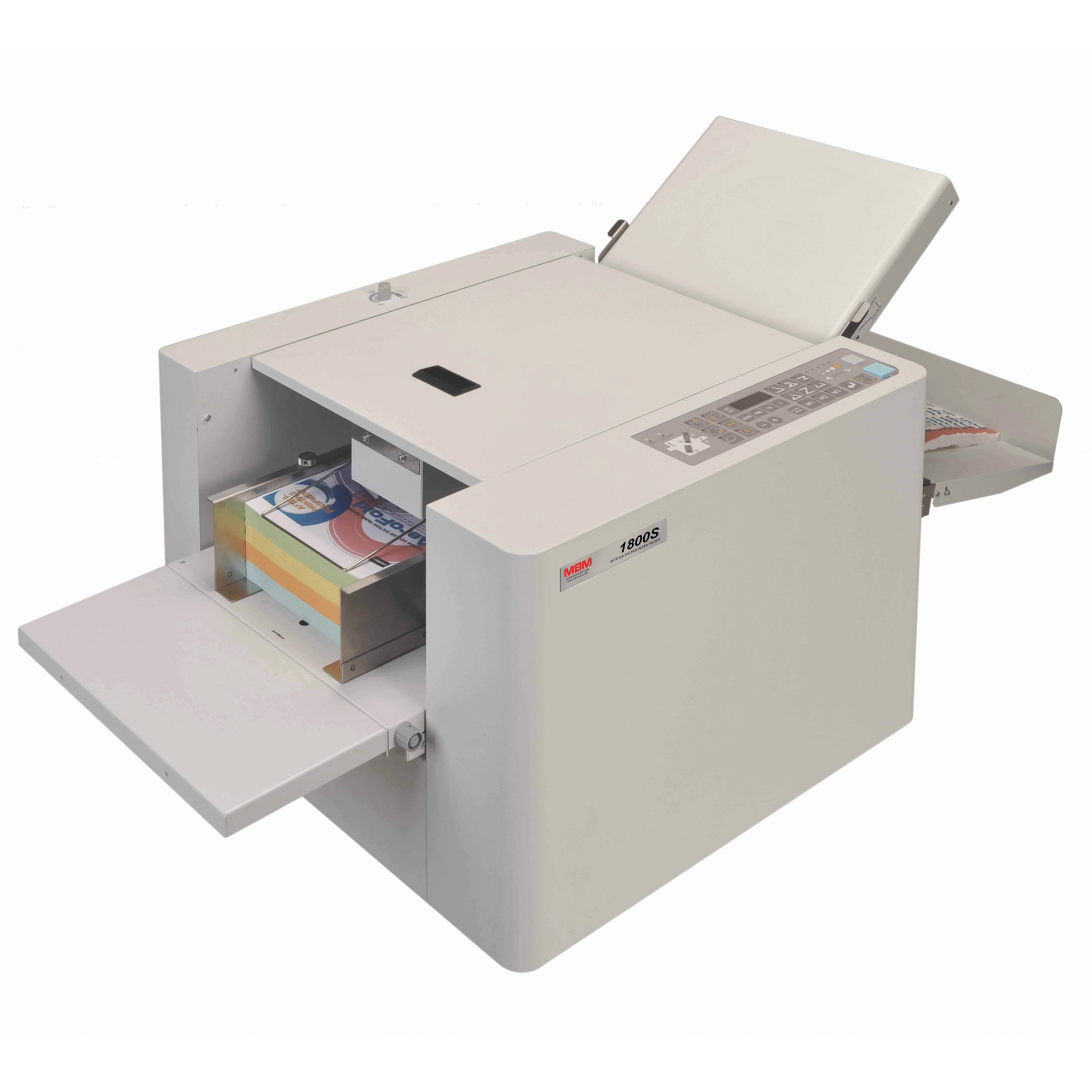 MBM Automatic Air Feed Paper Folding Machine — 800 Sheet Capacity, 18,000 Sheets per Hour, Ultrasonic Double Feed Sensor, 6 Pre-Programmed Folds, Model# 1800S