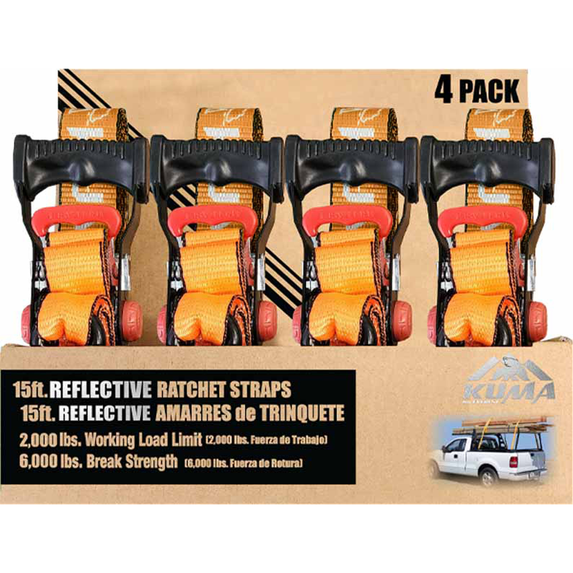 Everest Kuma Heavy-Duty Reflective Ratchet Straps — 1.5in. x 15ft., 2000 Lb. WLL, Ergonomic Handles, 4 Pack, Model# E4000-R