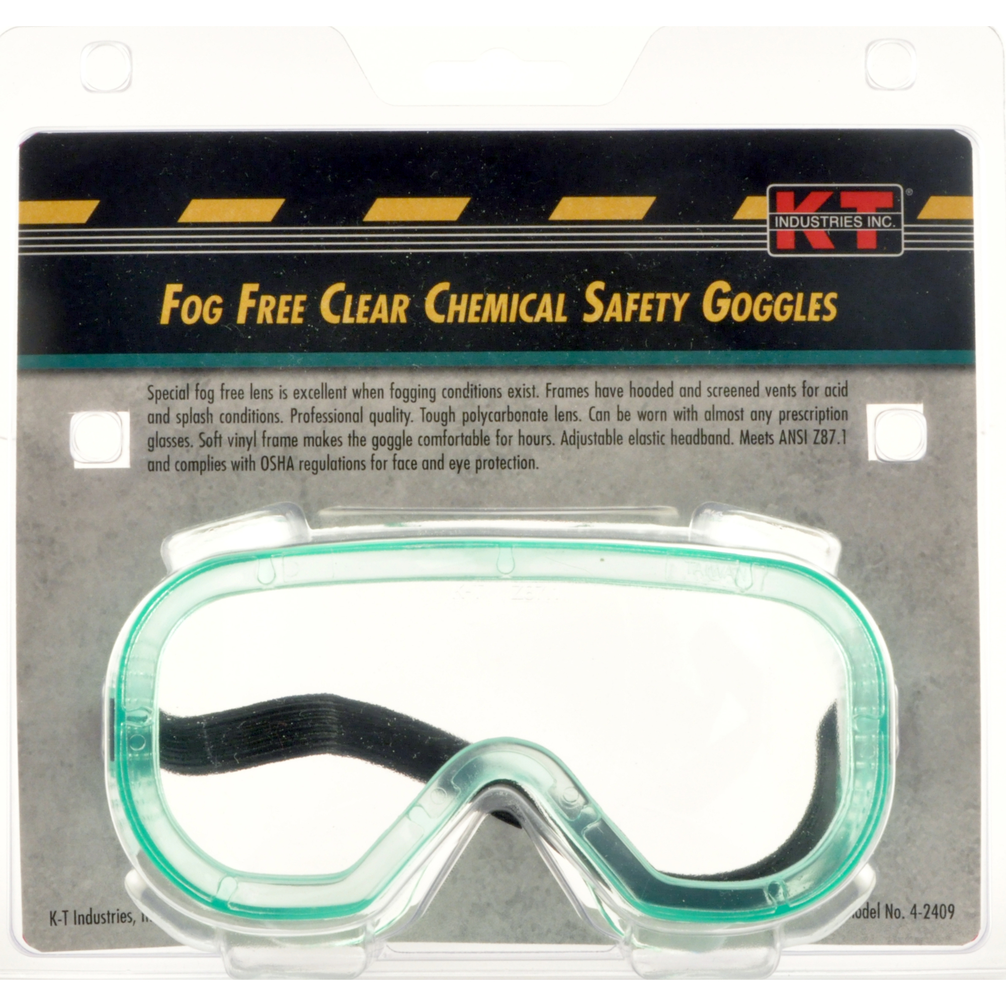 K-T Industries Fog-Free Indirect Vent Safety Goggles — Polycarbonate Lens, Adjustable Headband, Model# 4-2409