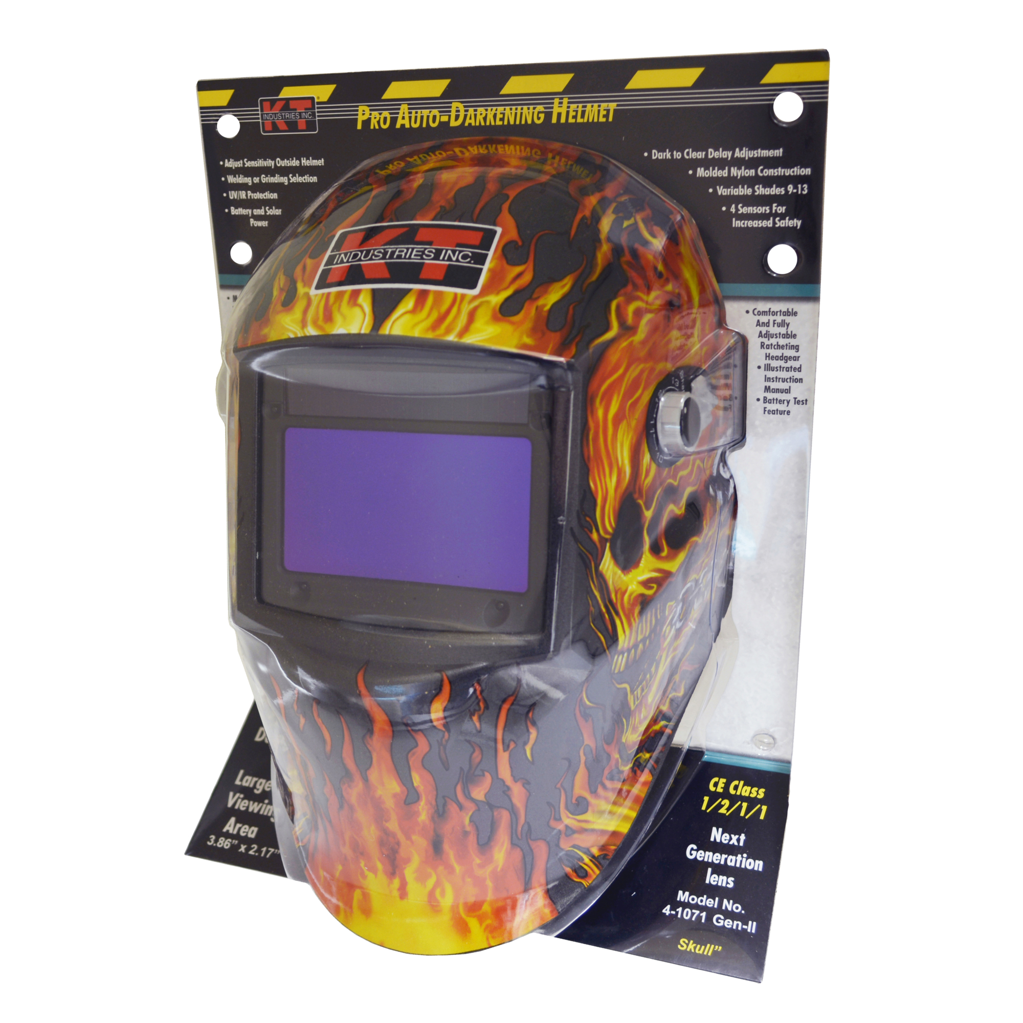 K-T Industries Flaming Skull Auto Darkening Helmet — Lightweight Molded Nylon, UV/IR Protection, Solar Powered, Model# 4-1071