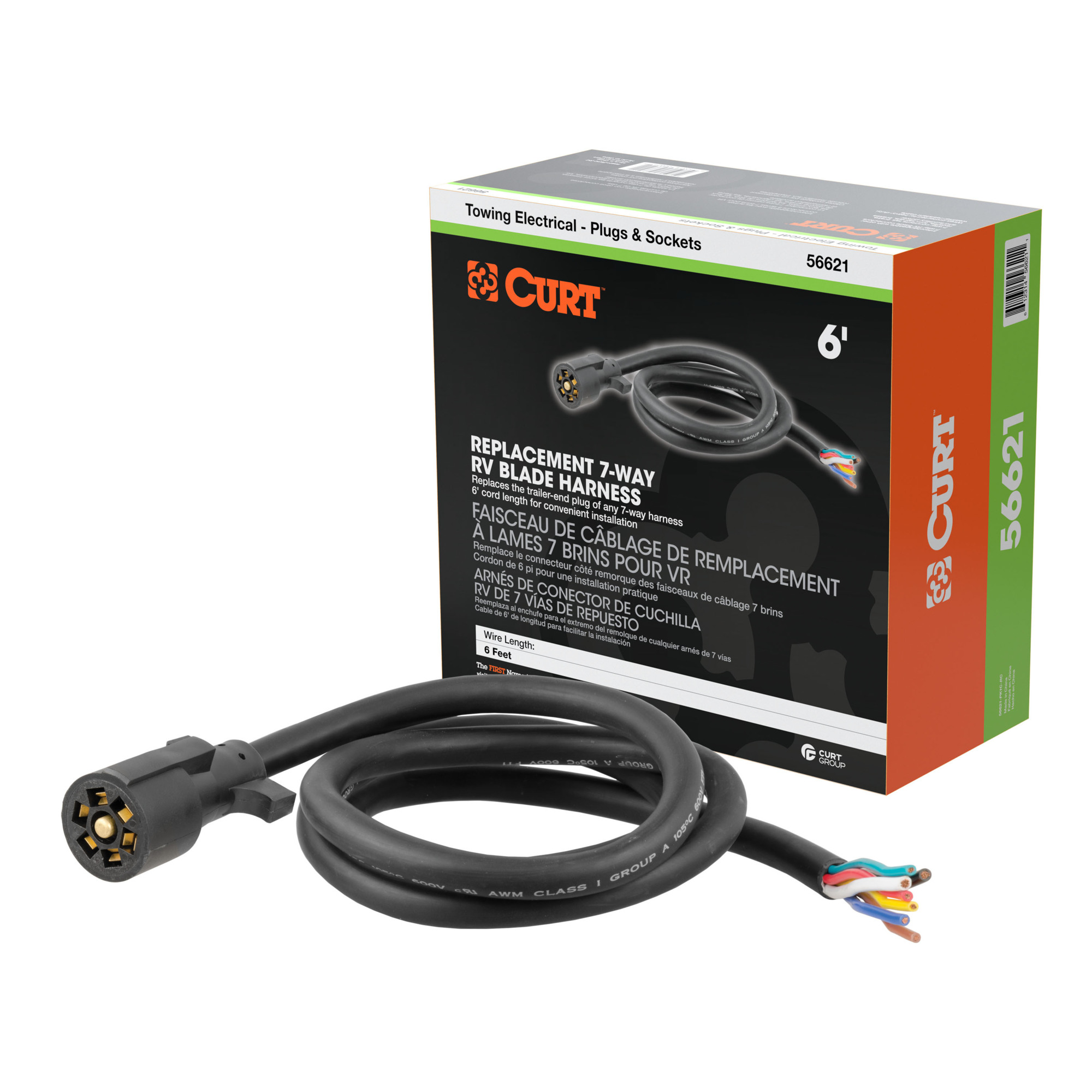Curt Manufacturing Replacement 7-Pin RV Blade 7-Way Trailer Wiring Harness Plug — 6ft., Blunt-Cut Wires, Model# 56621