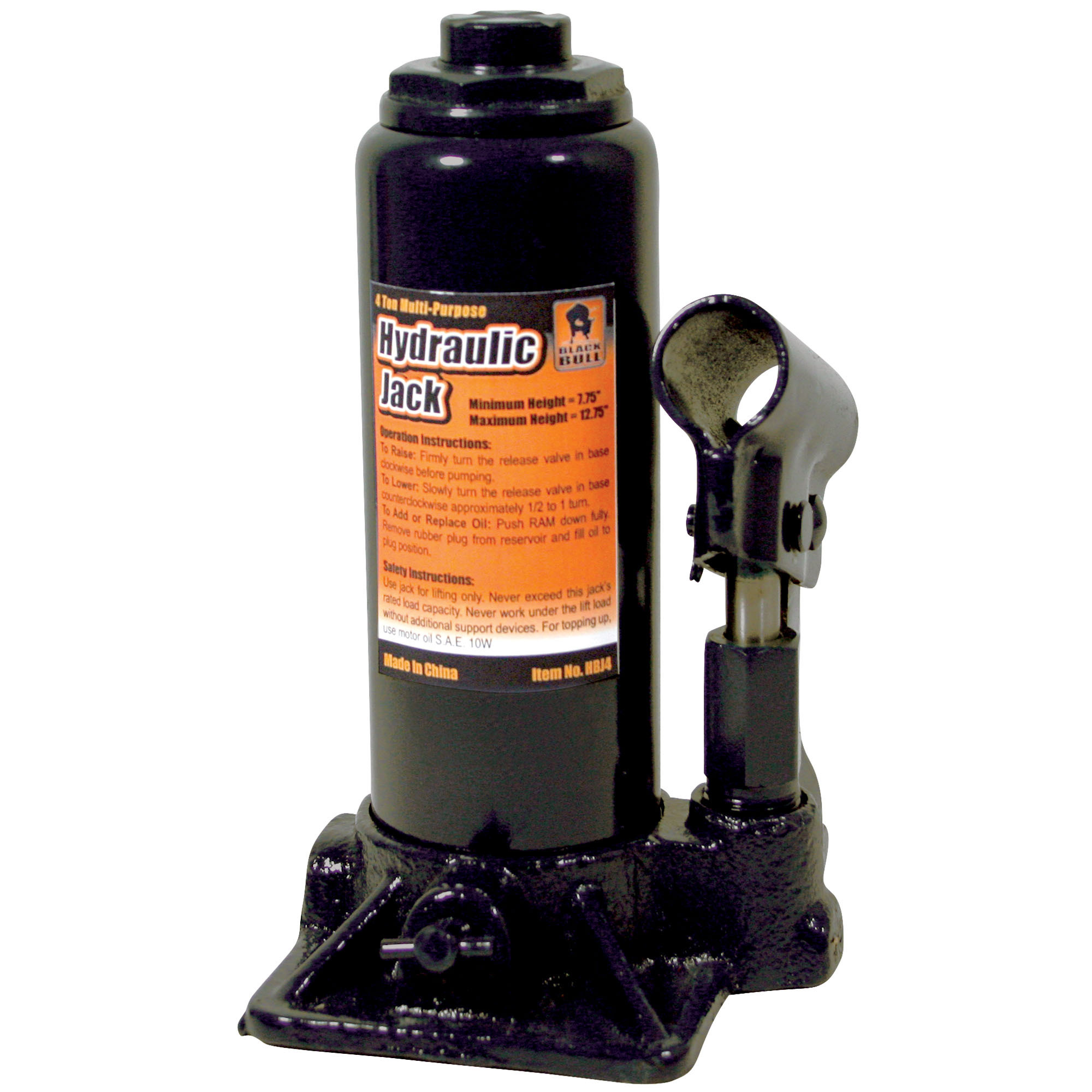 Black Bull Hydraulic Bottle Jack — 4 Ton Capacity, 7.75in. to 12.75in. Lift Range, Model# HBJ4