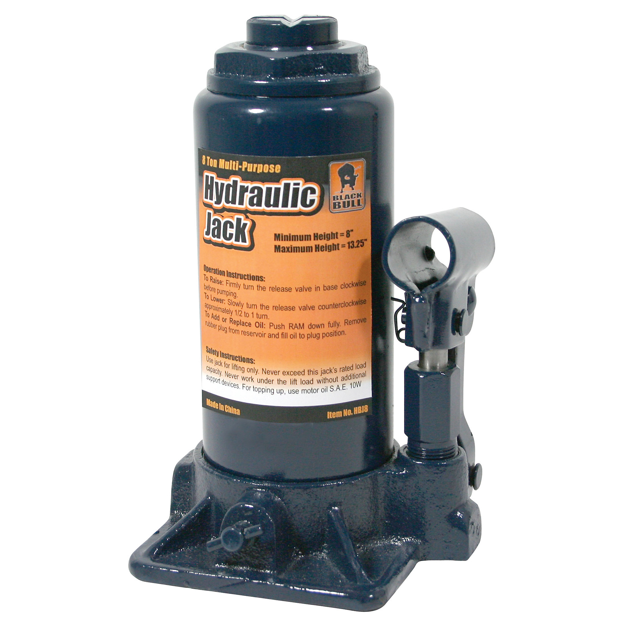 Black Bull Hydraulic Bottle Jack — 8-Ton Capacity, 8in. to 13.25in. Lift Range, Model# HBJ8