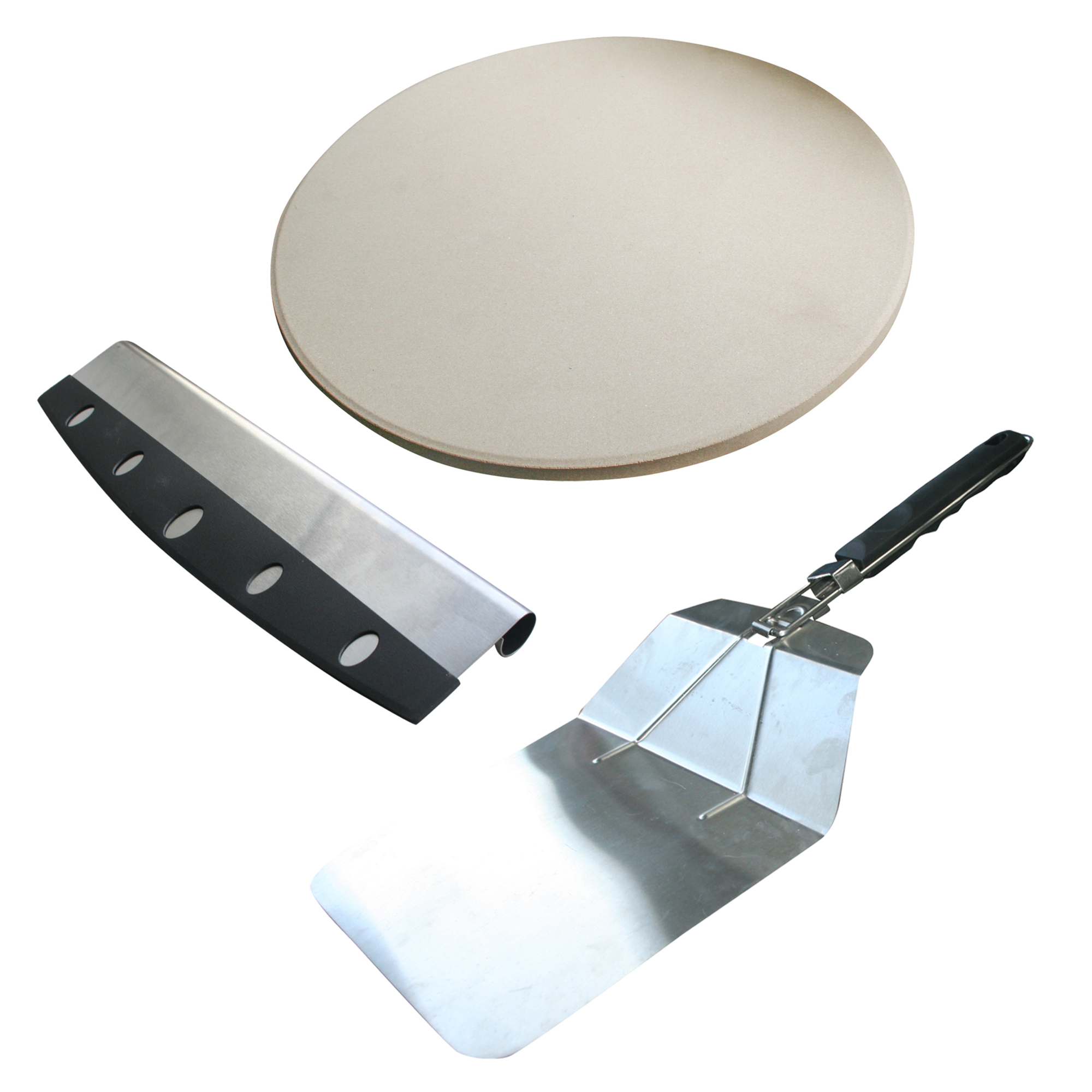 AmeriHome 3-Piece Pizza Set — 13in. Pizza Stone, 21.5in. Stainless Steel Pizza Peel, 14in. Rocking Pizza Cutter, Model# PZSET3