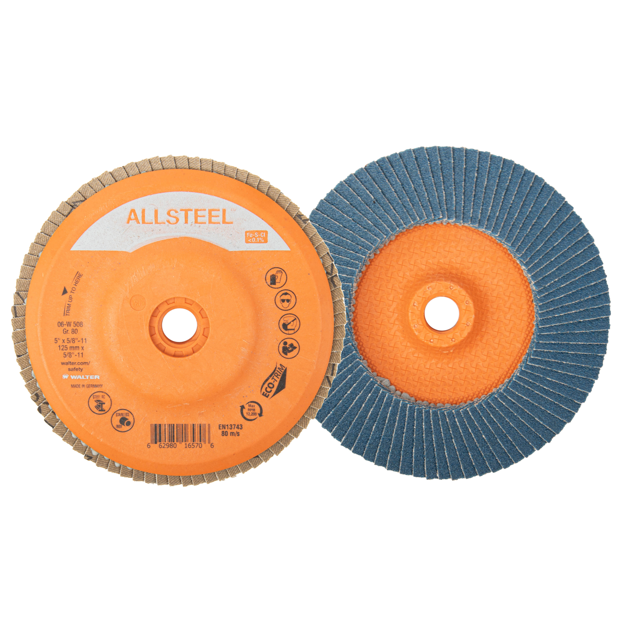 Walter Allsteel Spin-On Flap Discs — 5in., GR80, Zirconia Alumina, 10 Pcs, Model# 06W508