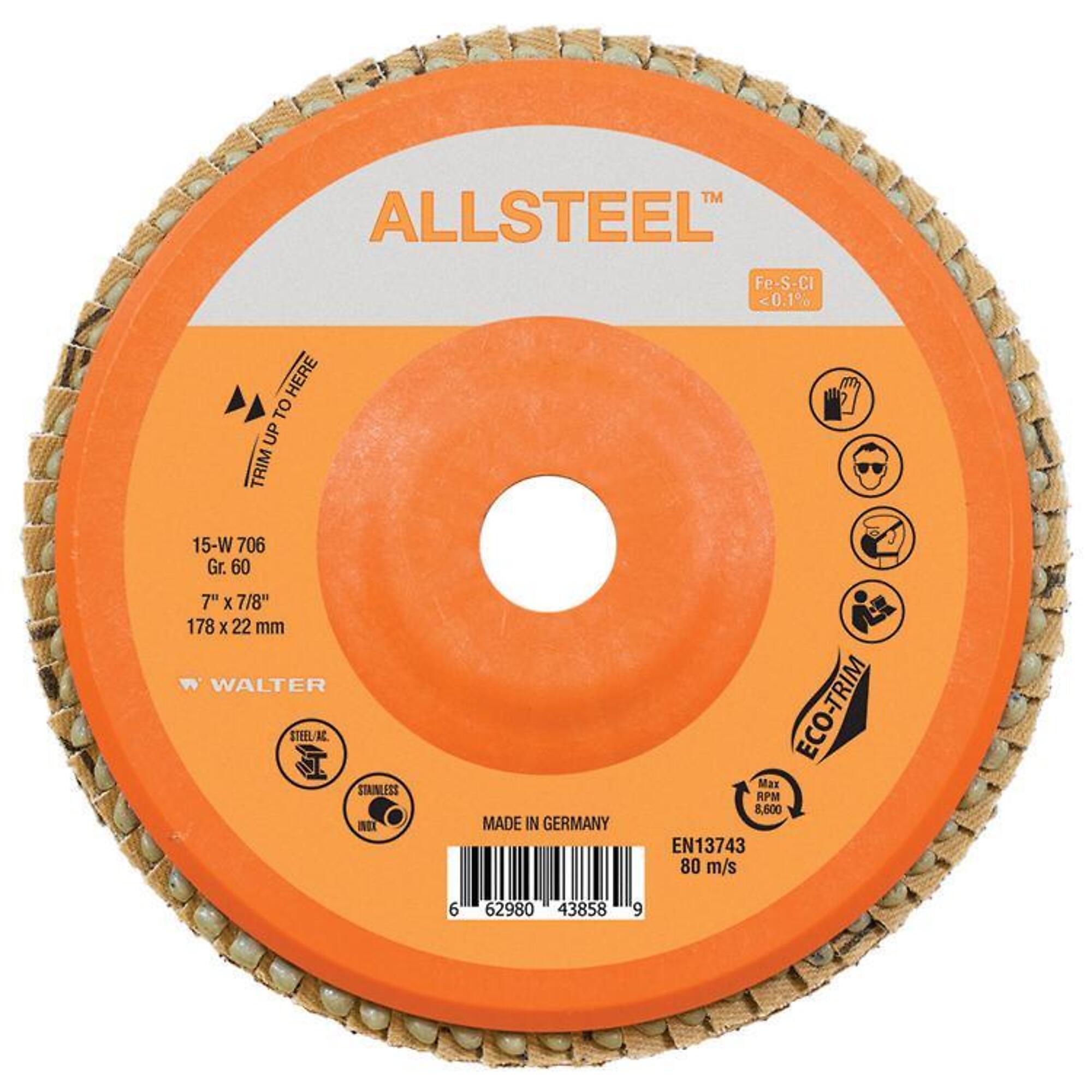 Walter Allsteel Flap Discs — 7in. x 7/8in., GR60, ECO-Trim Backing, Model# 15W706