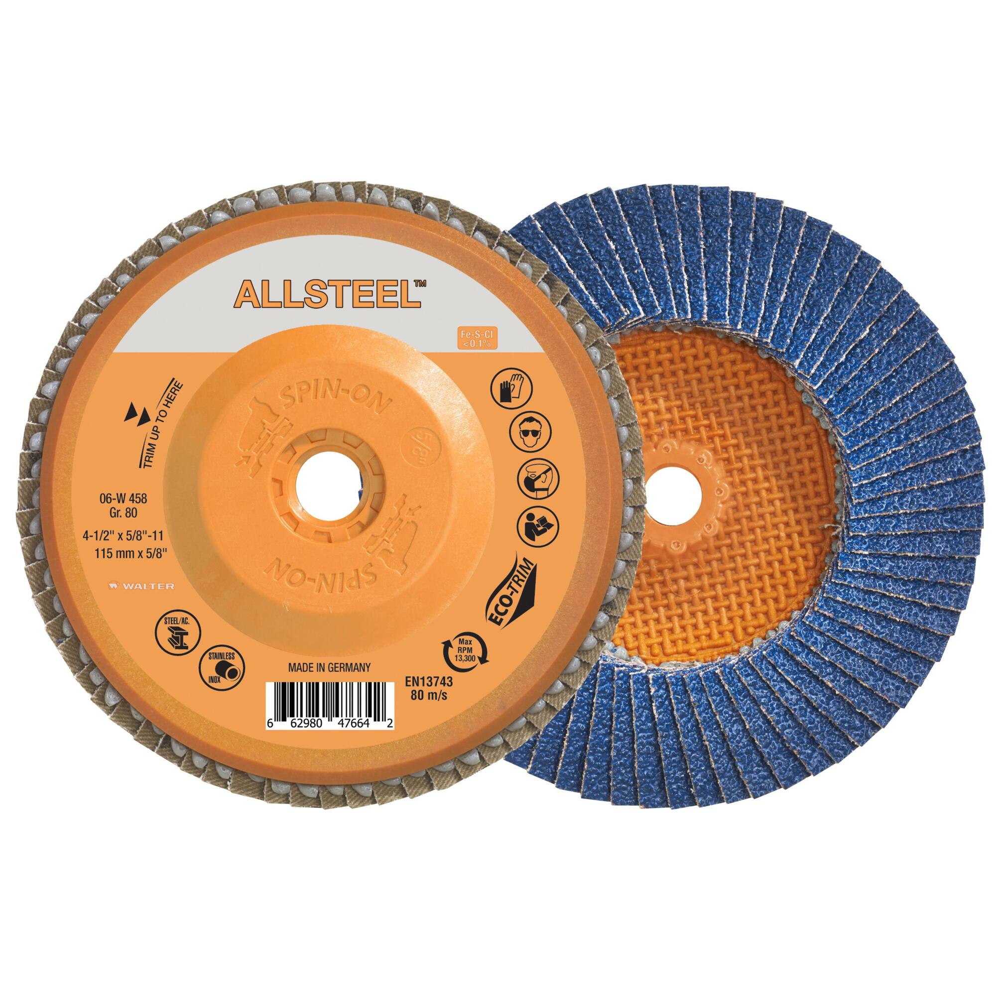 Allsteel Spin-On Flap Discs — 4 1/2in., GR80, Zirconia Alumina, Pack of 10, Model# 06W458