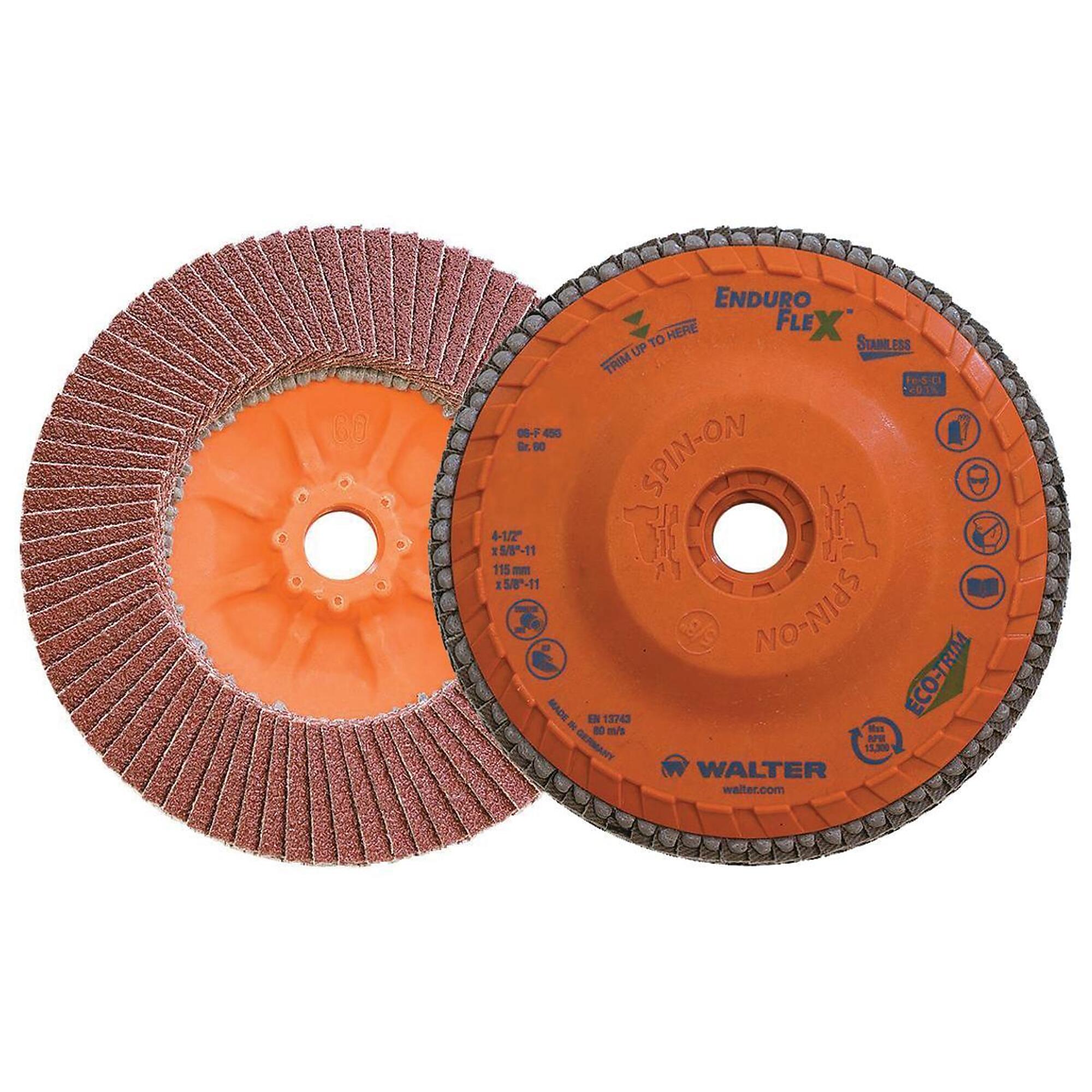 Walter Enduro-Flex Stainless Spin-On Flap Discs — 4 1/2in., GR60, Ceramic, Pack of 10, Model# 06F456