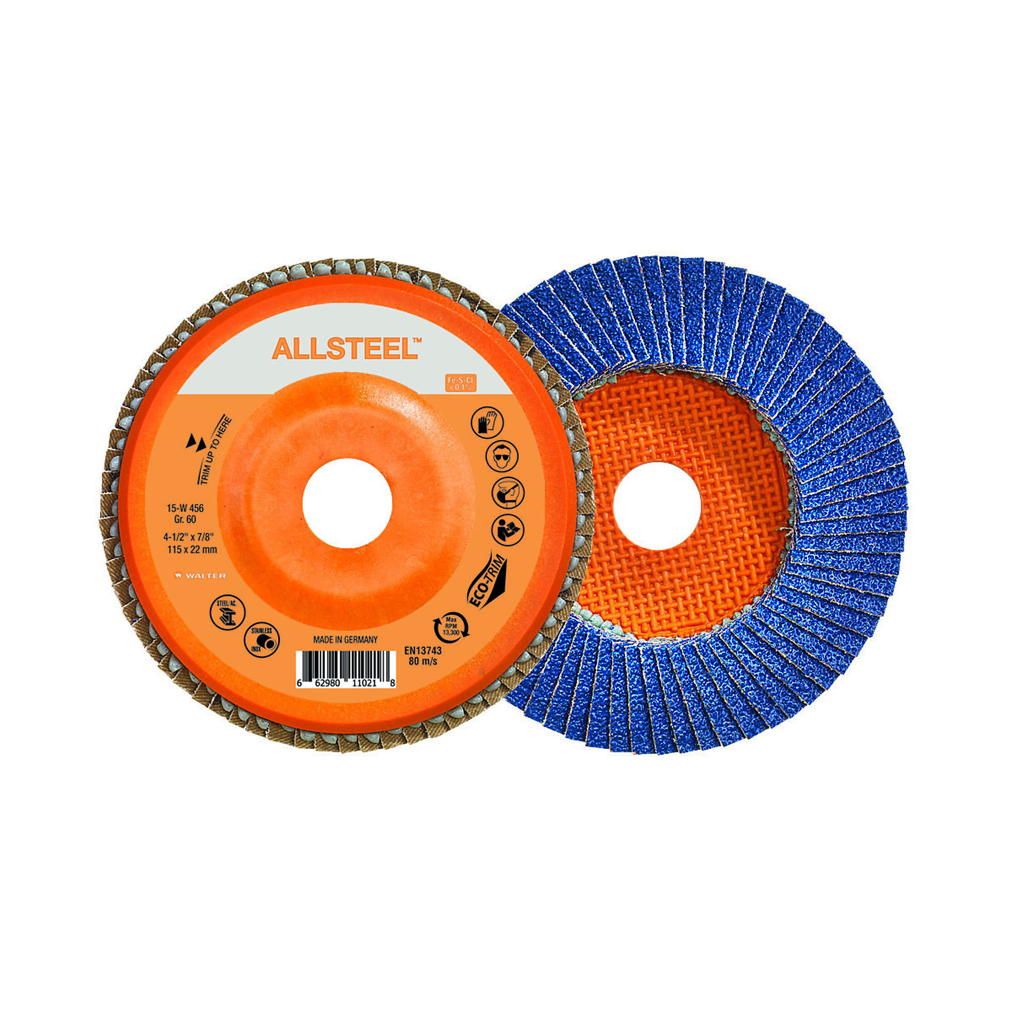 Walter ALLSTEEL Flap Discs — 4 1/2in. x 7/8in., GR60, 10 Pk., Model# 15W456