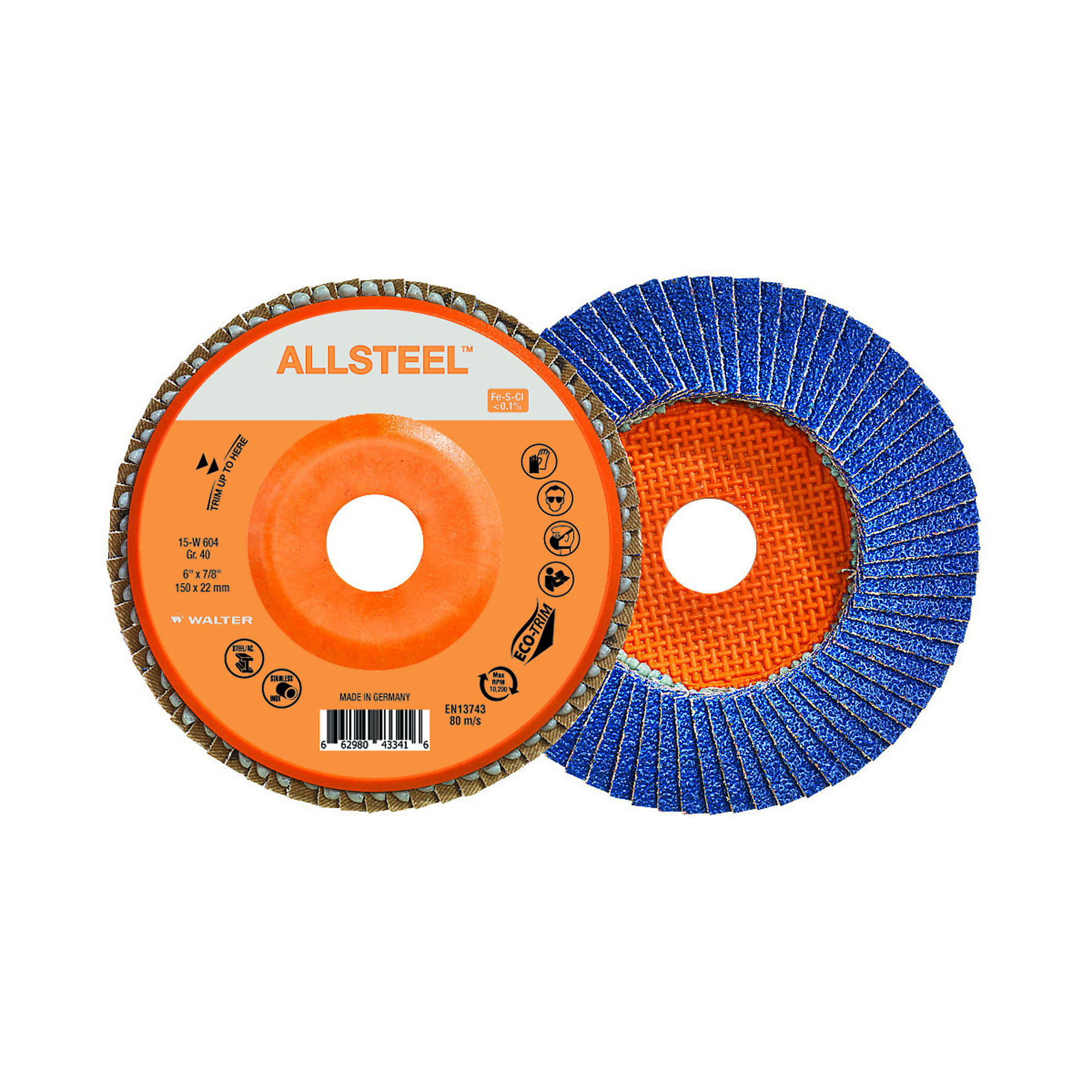 Walter Allsteel Flap Discs — 6in. x 7/8in., GR40, ECO-Trim, 10 Pk., Model# 15W604