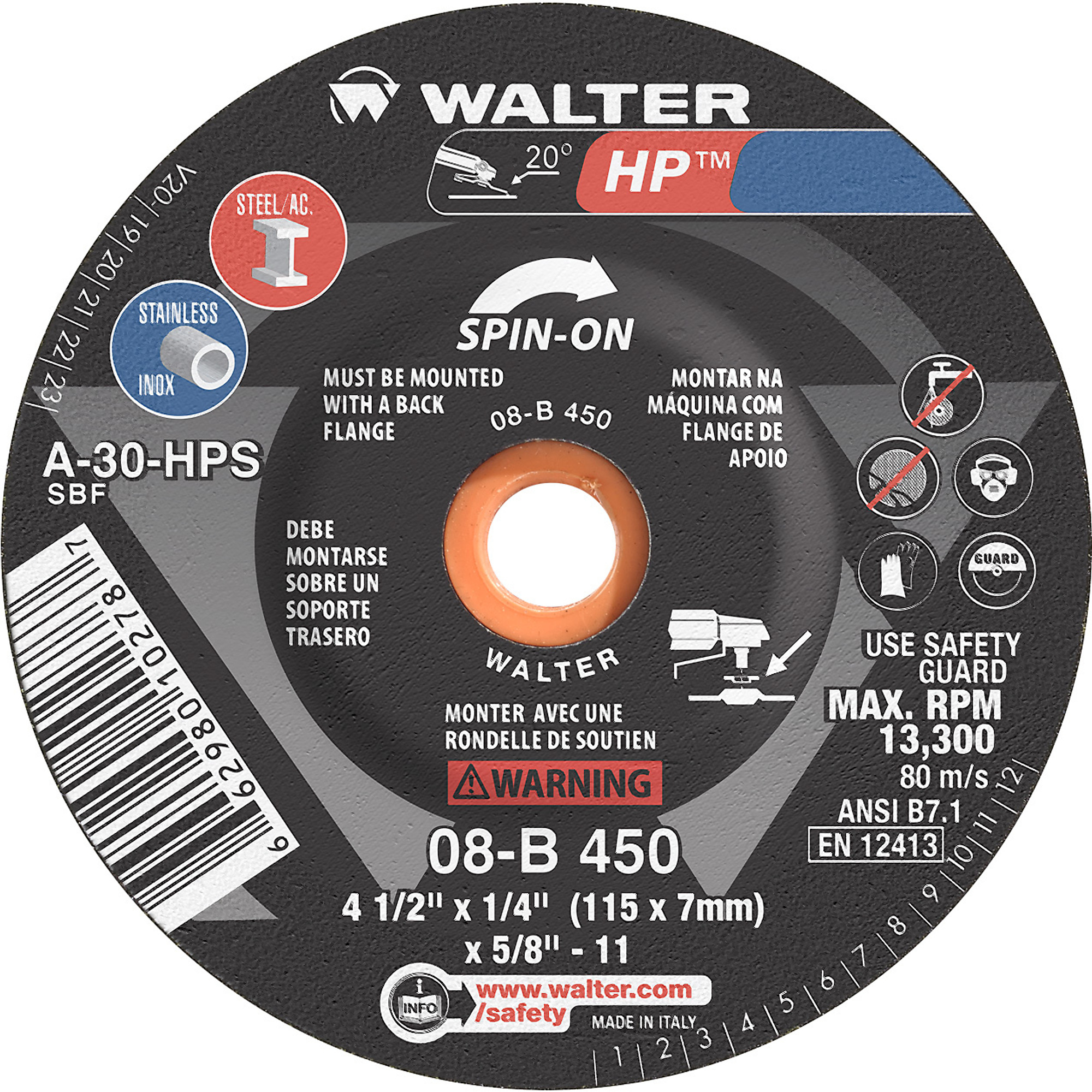 Walter HP Spin-On Grinding Wheels — 4.5in. x 0.25in., Wear-Resistant, Pack of 20, Model# 08B450