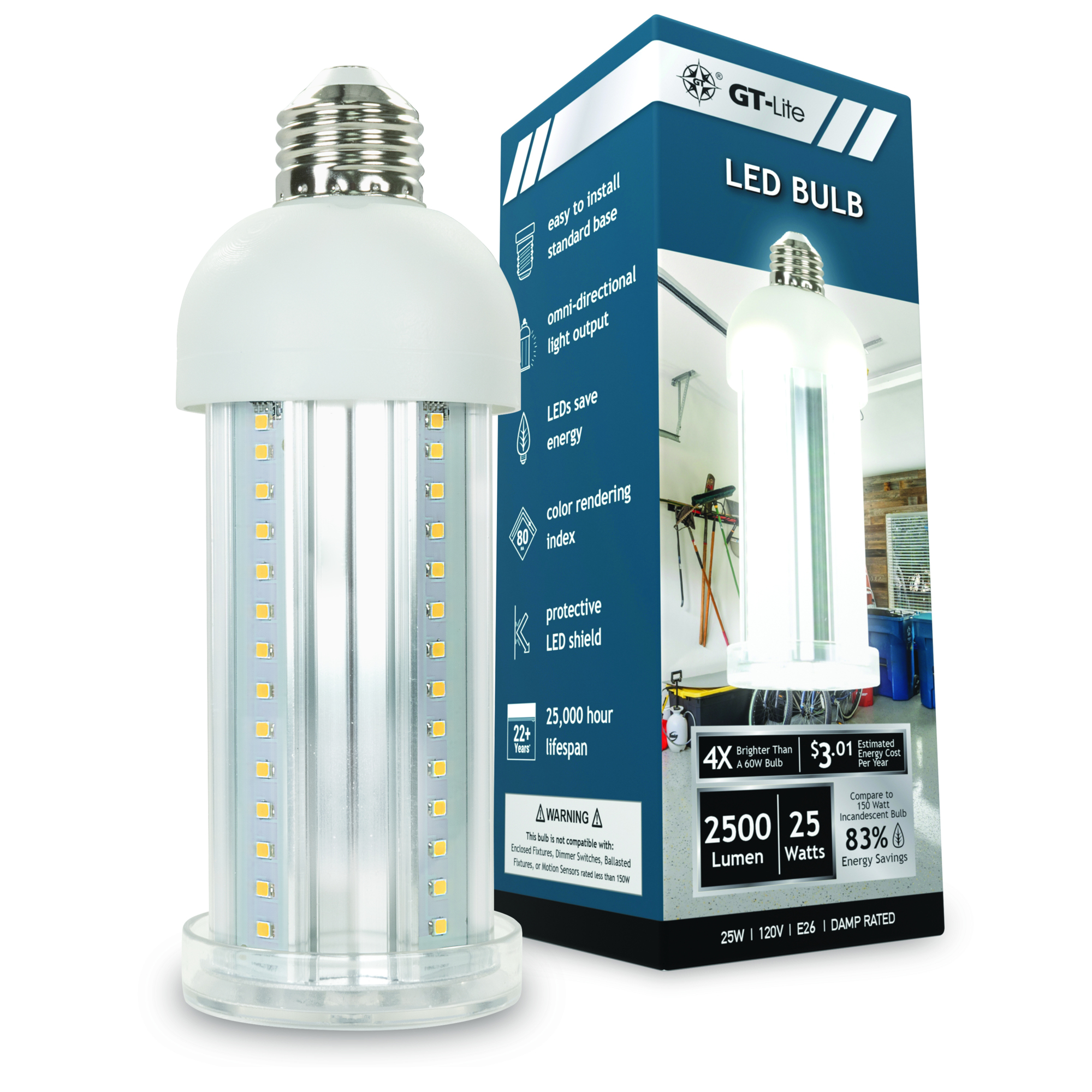 GT Lite High-Lumen LED Bulb — 2500 Lumens, 25 Watts, 5000K Daylight, E26 Base, Omnidirectional, 25,000-Hour Lifespan, Model# GT-CB-25C