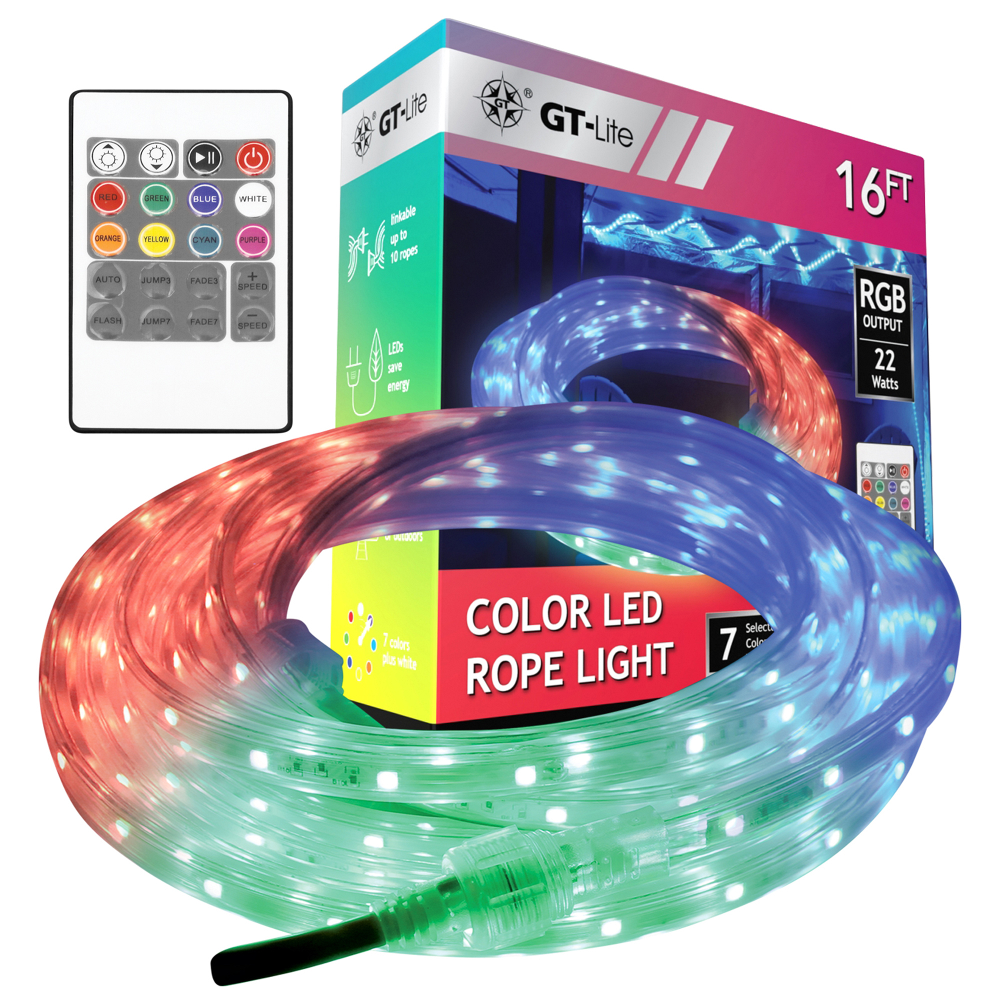 GT Lite RGB LED Rope Light — 16ft., Vibrant Colors and Effects, Remote Control, Wet Rated, Weatherproof, Linkable Up to 160ft., Model# GT-RL-FL