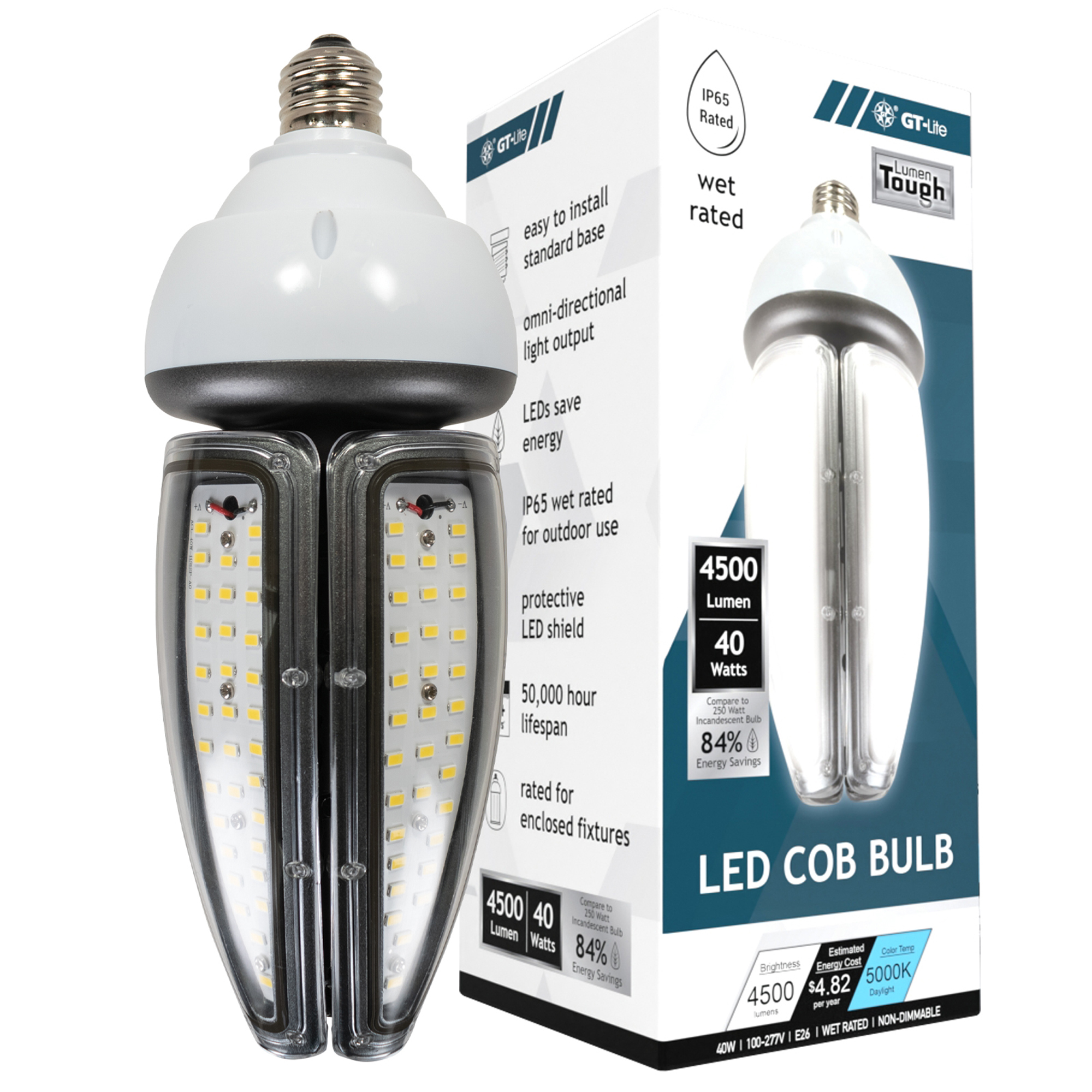 GT Lite Pro Series LED Bulb — 4500 Lumens, 40W, E26, 5000K Daylight, IP65 Wet Rated, Shatter-Resistant, Model# GT-CTB40-WET