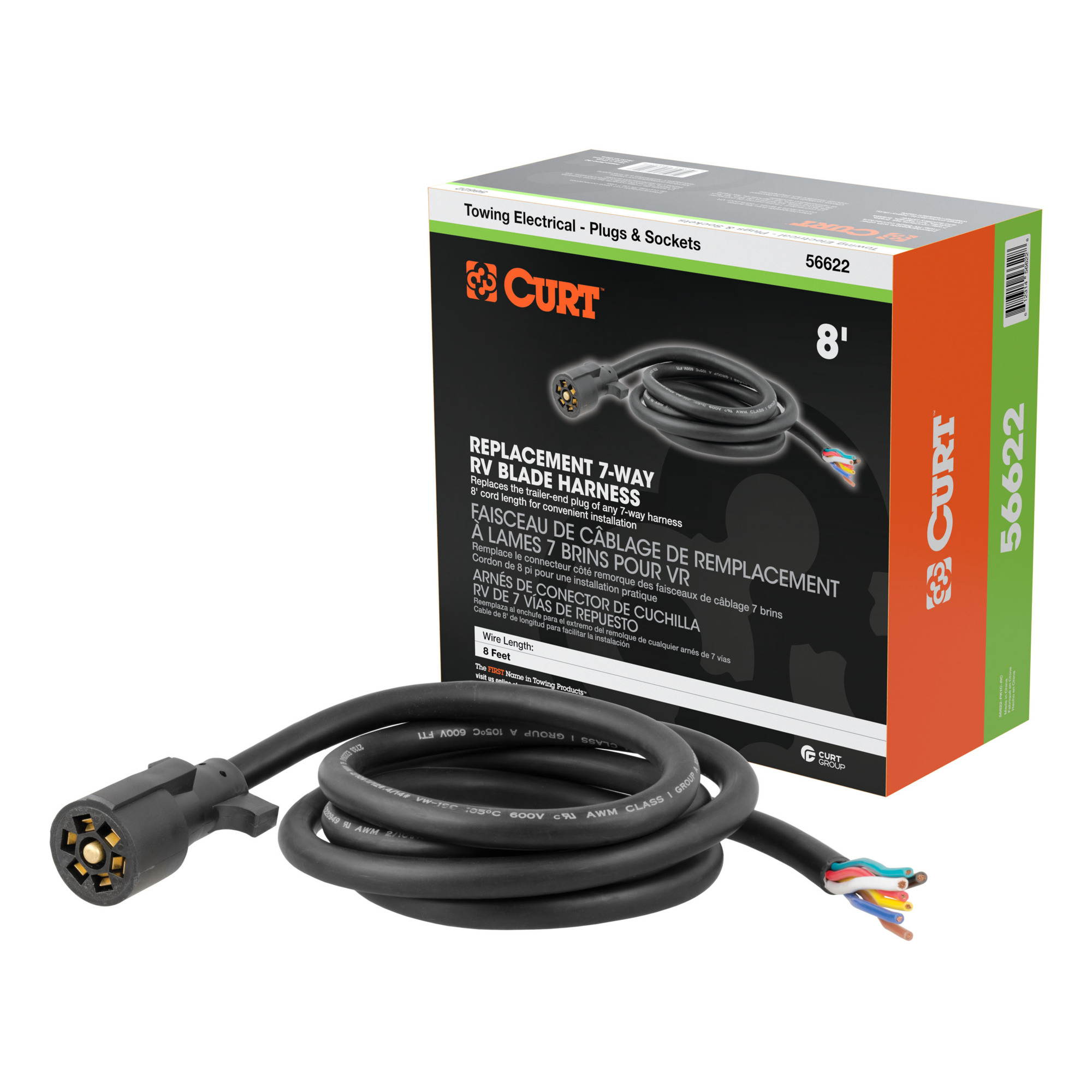Curt Manufacturing 7-Pin RV Blade Trailer Wiring Harness Plug — 8ft. Blunt-Cut Wires, Model# 56622