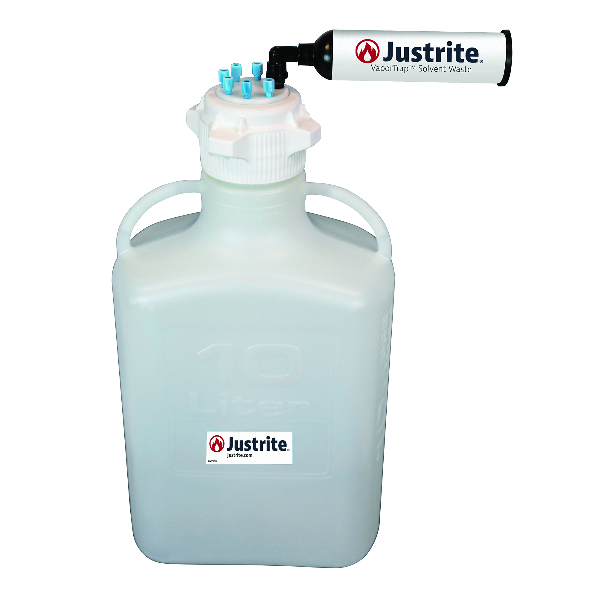 Justrite HDPE Carboy with Filter Kit — 10 Liters, 83mm Cap, 6 Ports, 1/8in. Tubing, Model# 12802