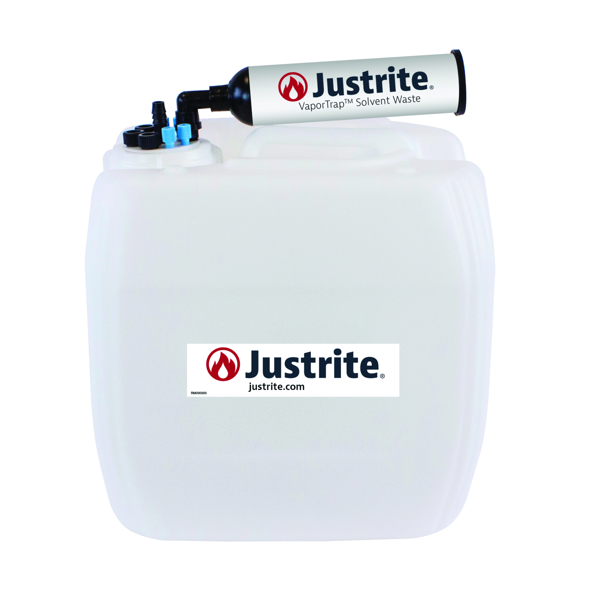 Justrite HDPE Carboy with Filter Kit — 13.5-Liter, UN/DOT Certified, VaporTrap, Multi-Port, 70mm Cap, Model# 12846