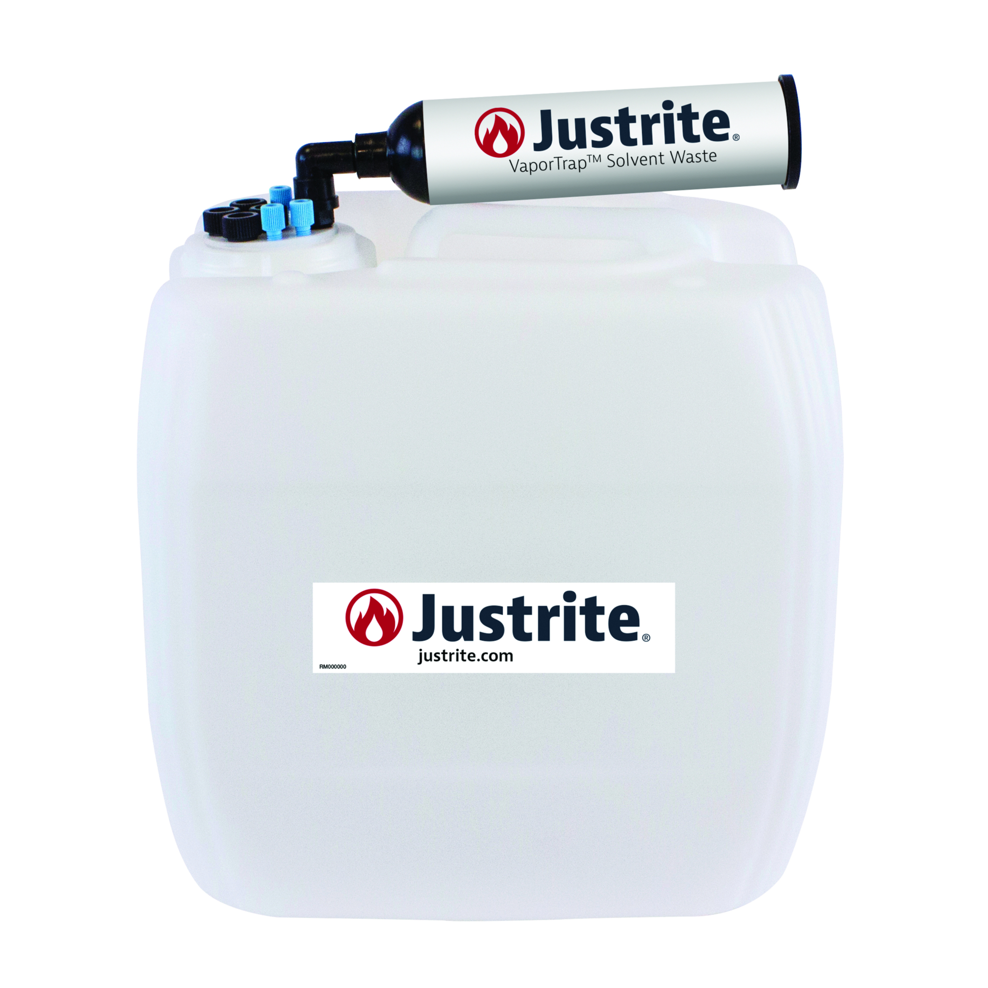 Justrite HDPE Carboy with Filter Kit — 13.5 Liters, UN/DOT Certified, VaporTrap, 70mm Cap, 8 Ports, Model# 12844