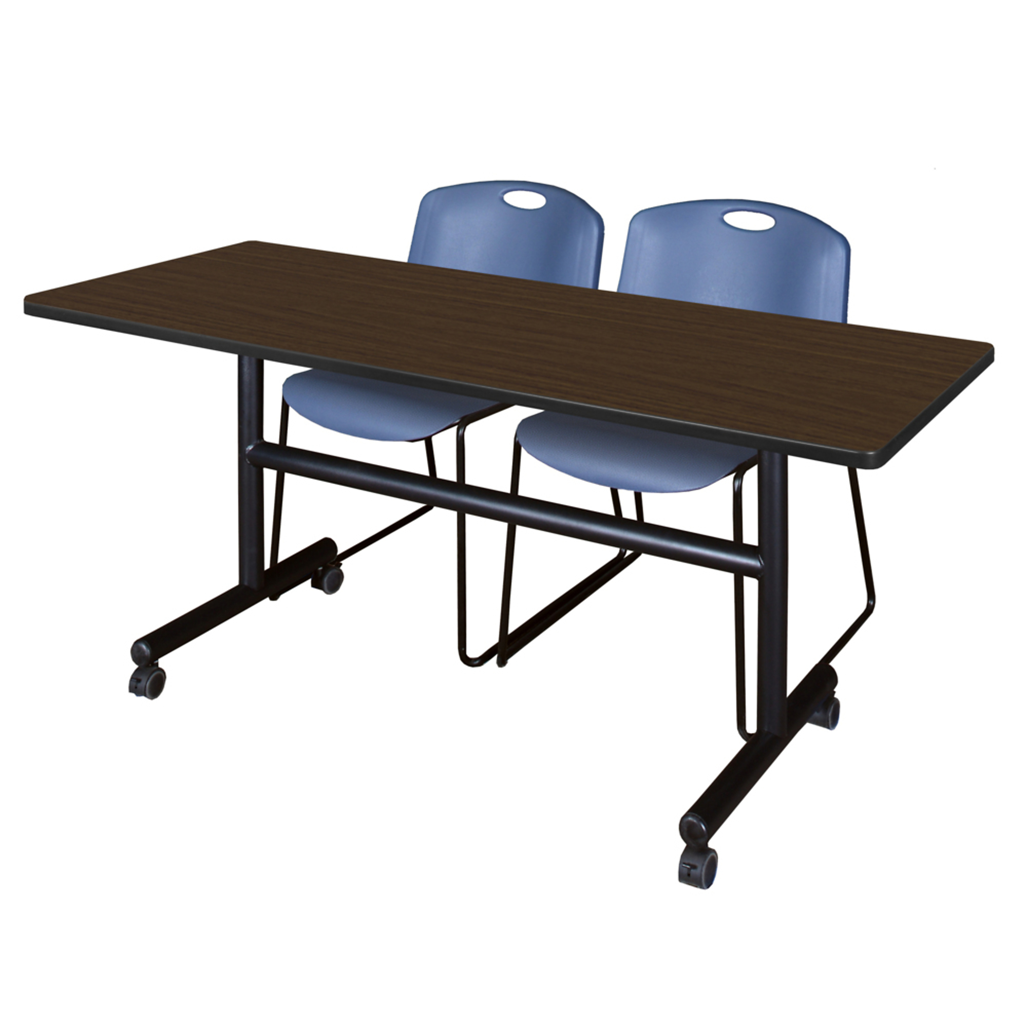 Regency Furniture Kobe Flip-Top Training Table Set — 60in. x 30in., Neo Walnut, 2 Blue Zeng Stack Chairs, Model# MKFT6030NW44BE
