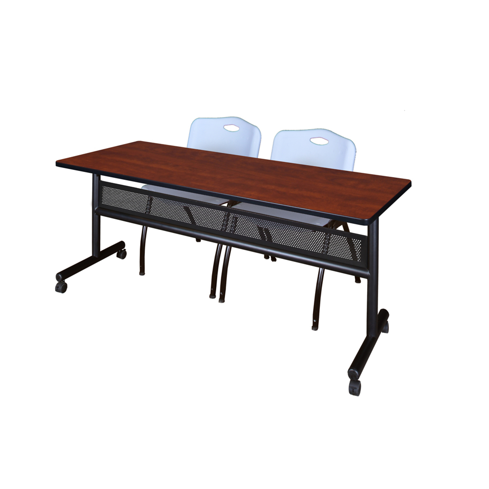 Regency Kobe Flip-Top Privacy Nesting Table with Modesty Panel and 2 M Stack Chairs — 72in. x 24in., Cherry/Maple, Grey, Model# MKFTM7224CH47GY