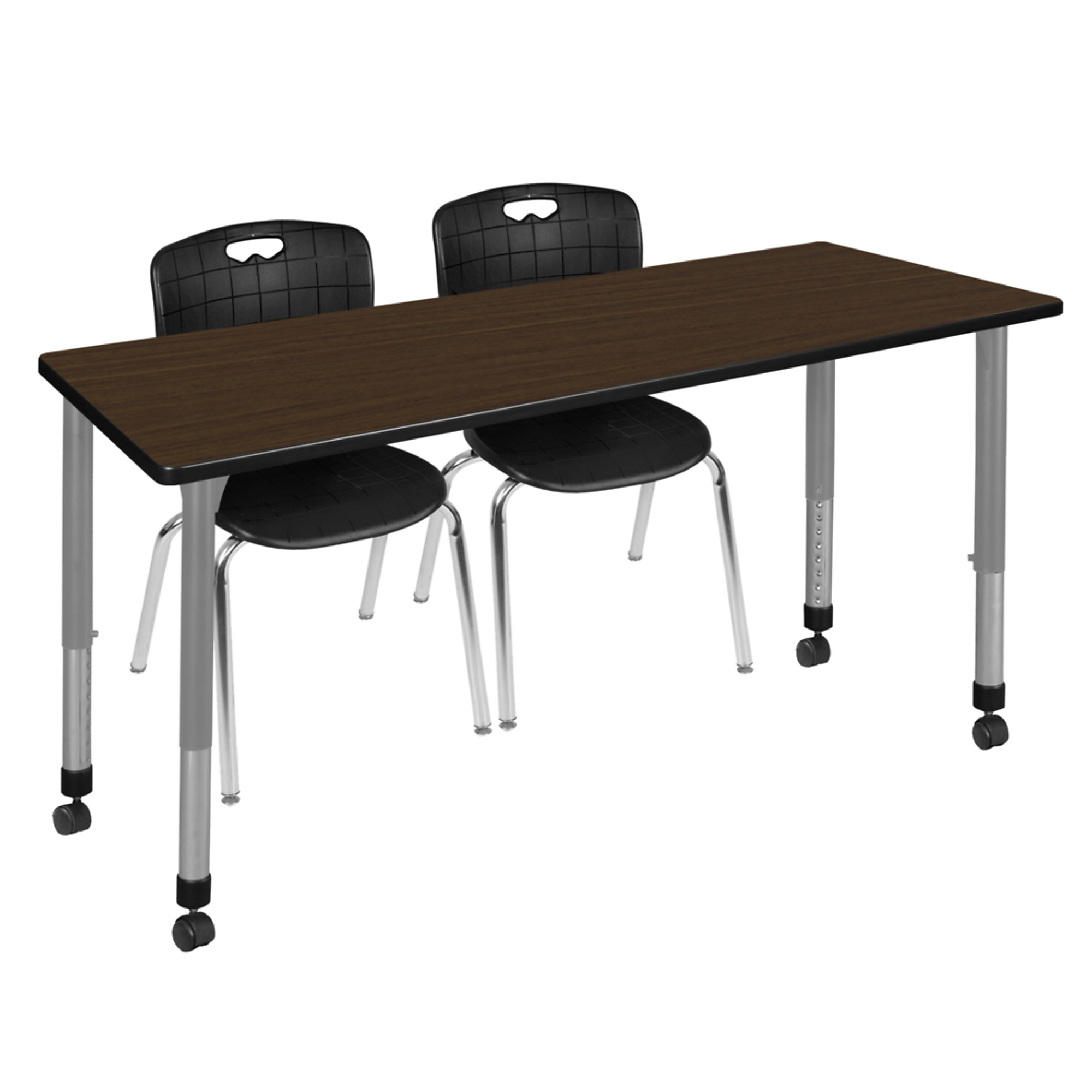 Regency Kee Mobile Adjustable Classroom Table Set — 66in. x 24in., Neo Walnut Top, Grey Base, Includes 2 Black Andy 18in. Stack Chairs, Model# MT6624NWAPCGY40BK