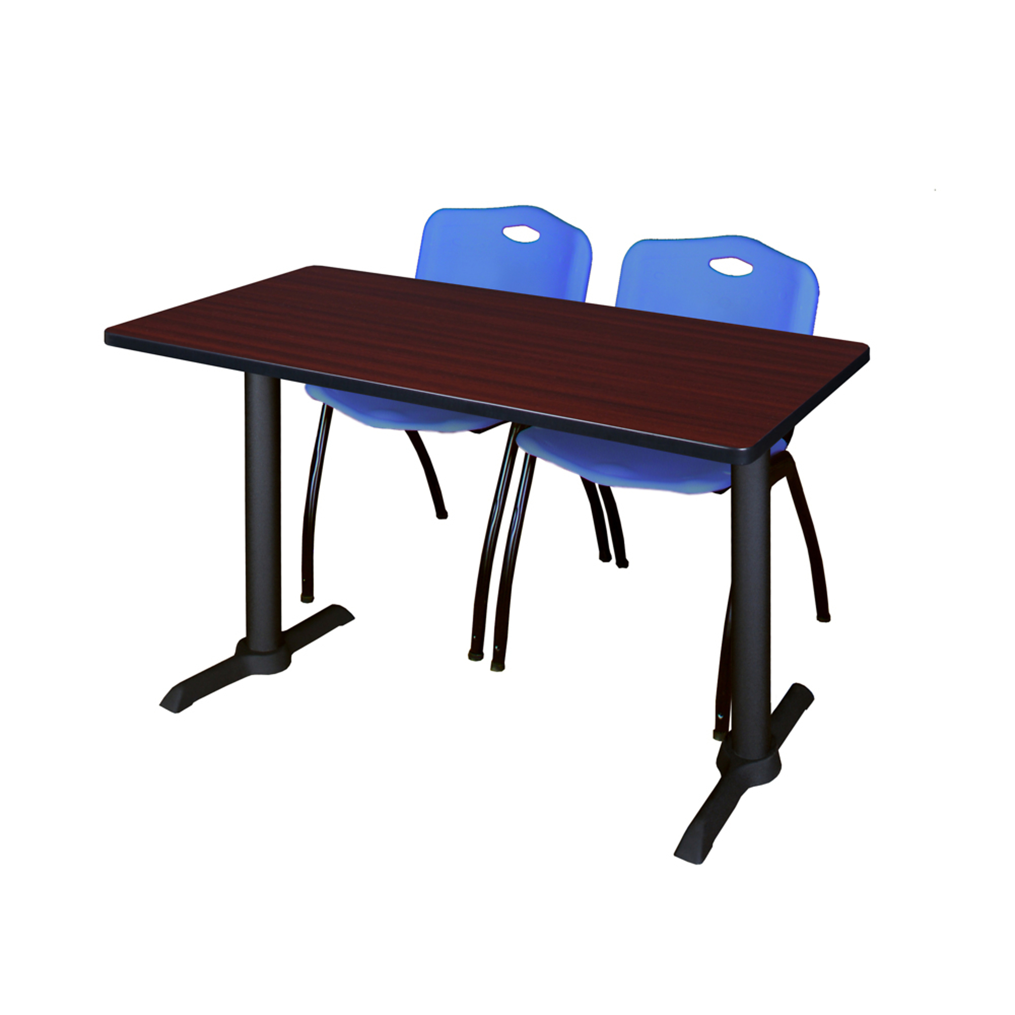 Regency Cain Training Seminar Table and Stack Chairs Set — 48in. x 24in., Mahogany/Grey Tabletop, 2 Blue Chairs, Model# MTRCT4824MH47BE