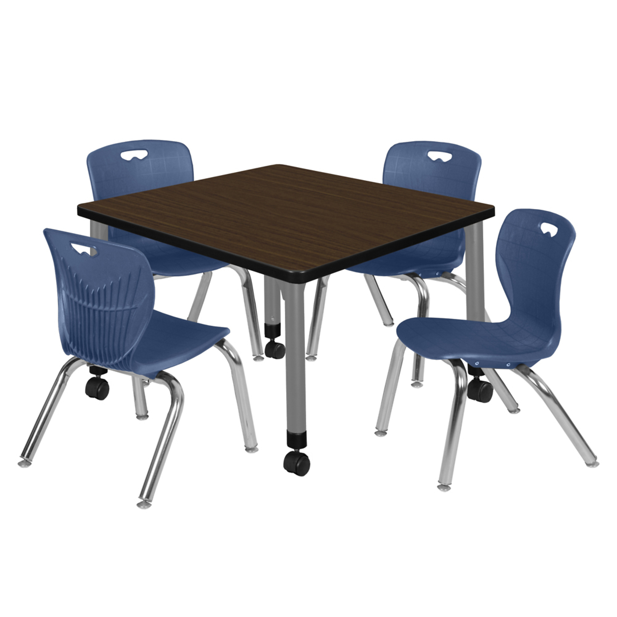 Regency Kee Mobile Adjustable Classroom Table Set — 30in. Square, Neo Walnut Top, Grey Base, Includes 4 Blue Andy 12in. Stack Chairs, Model# TB3030NWAPCGY45NV