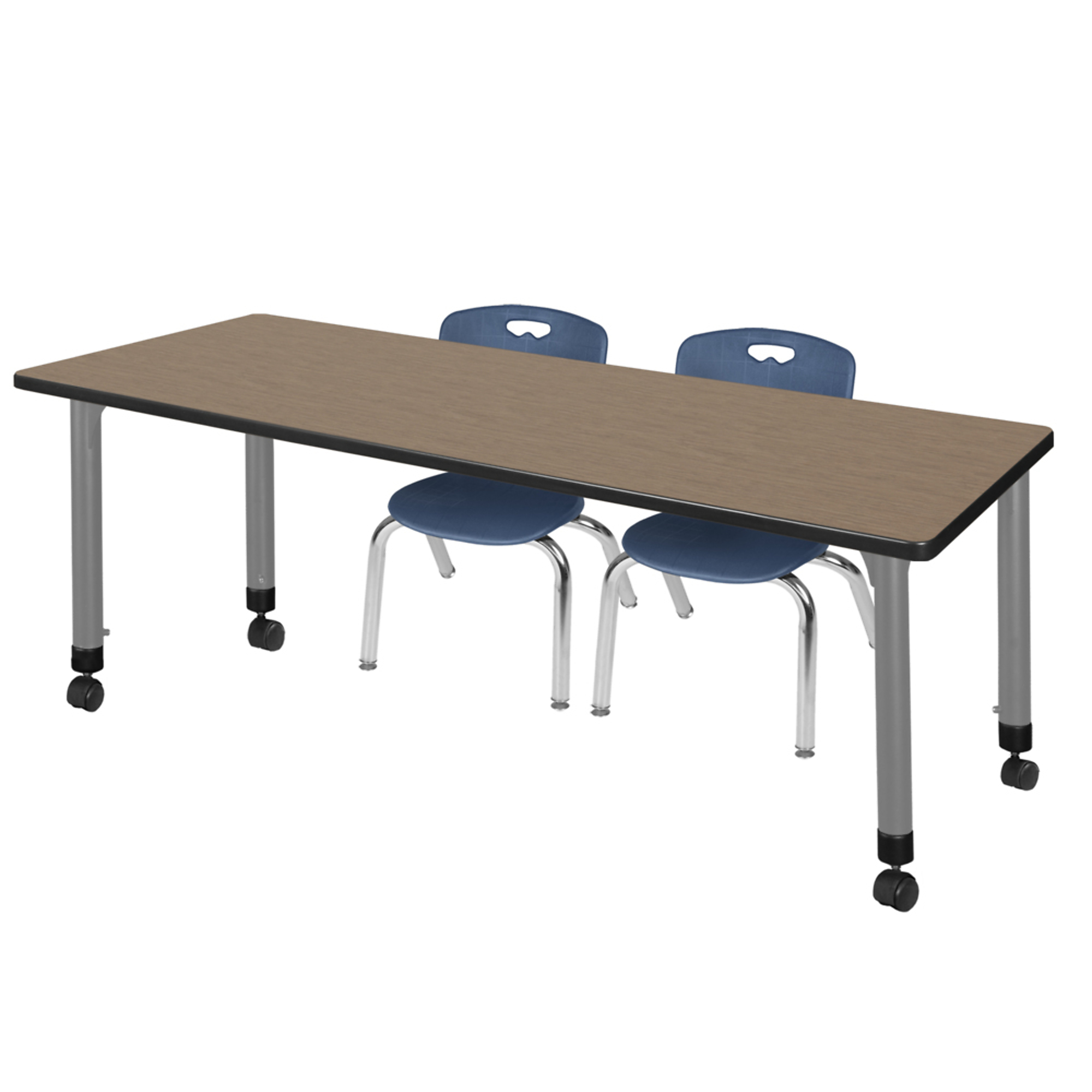 Regency Kee Mobile Adjustable Classroom Table with Stack Chairs — 72in. x 30in., Noble Oak Top, Grey Base, Includes 2 Blue 12in. Chairs, Model# MT7230NOAPCGY45NV