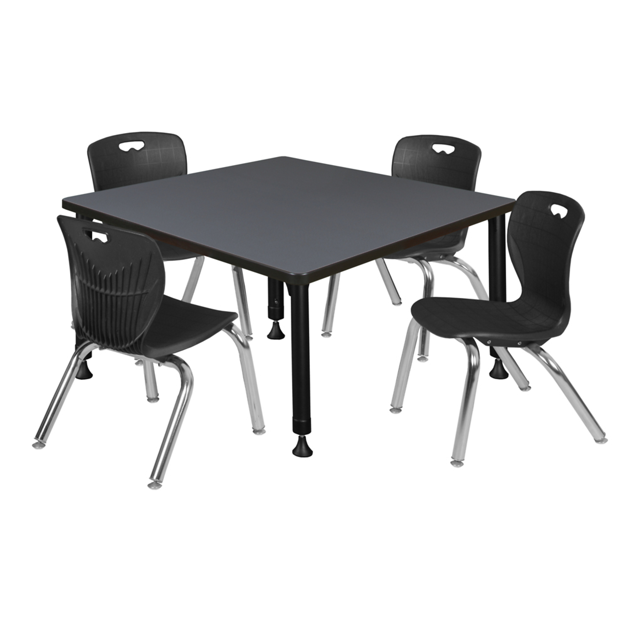 Regency Kee Adjustable Classroom Table with 4 Andy Stack Chairs — 36in. Square, Grey/Mahogany, Black, Model# TB3636GYAPBK45BK