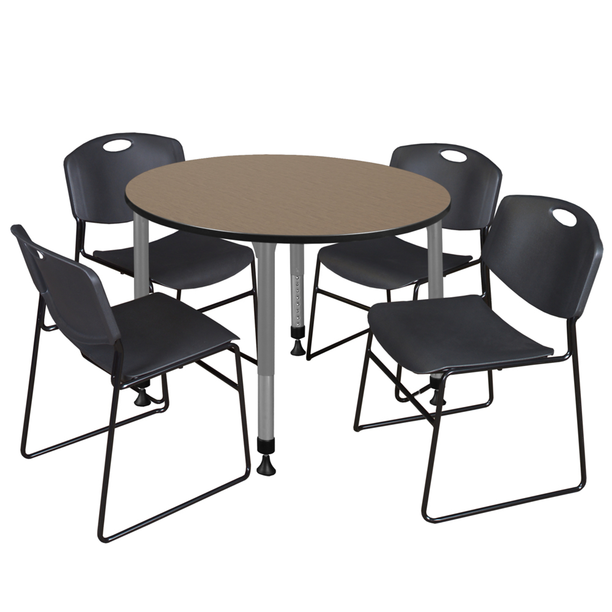 Regency Kee Adjustable Classroom Table Set — 48in. Round, Noble Oak Top, Grey Base, Includes 4 Black Zeng Stack Chairs, Model# TB48RNDNOAPGY44BK