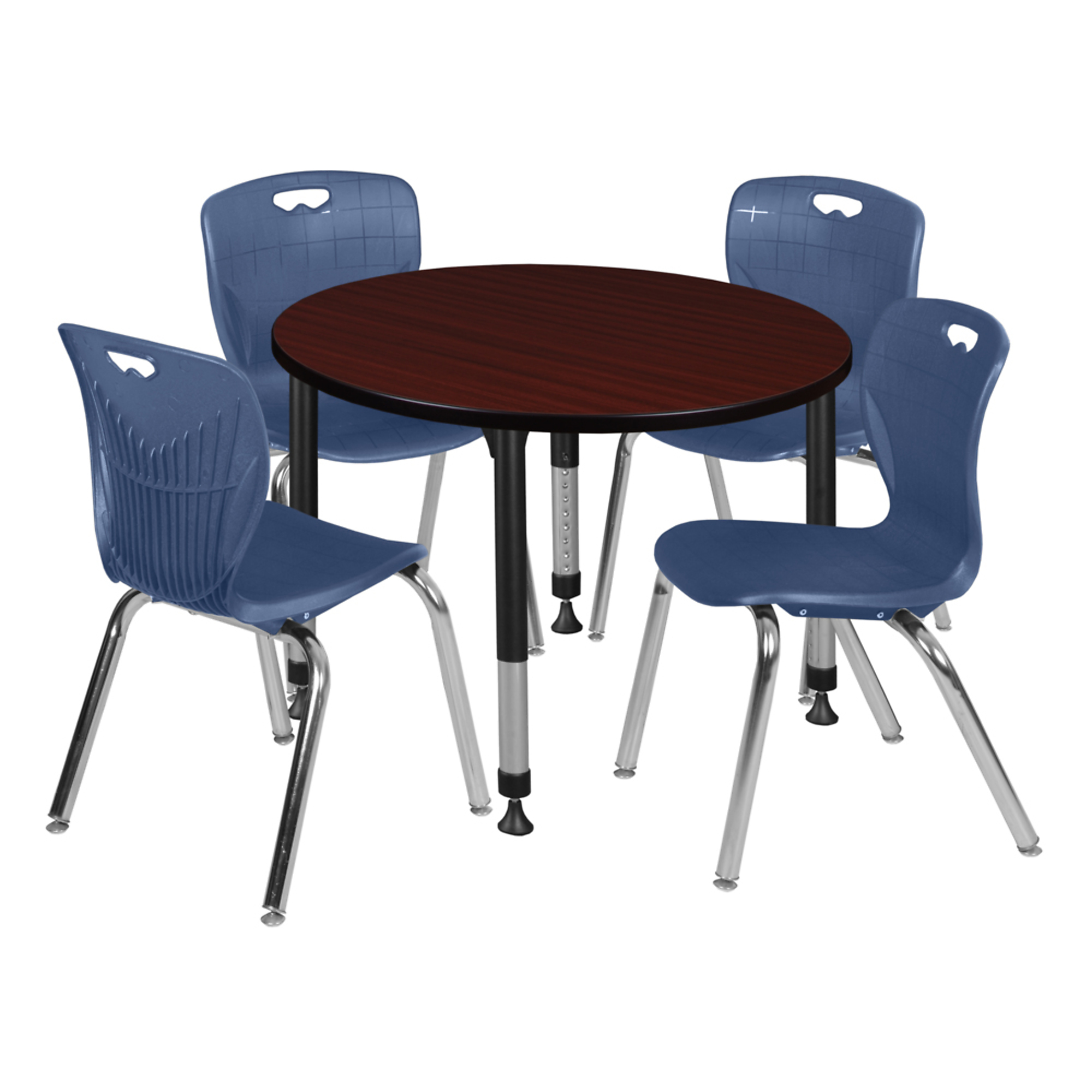 Regency Kee Round Adjustable Classroom Table with Mahogany/Grey Top and 4 Andy 18in. Stack Chairs — 42in. Diameter, Blue, Model# TB42RNDMHAPBK40NV