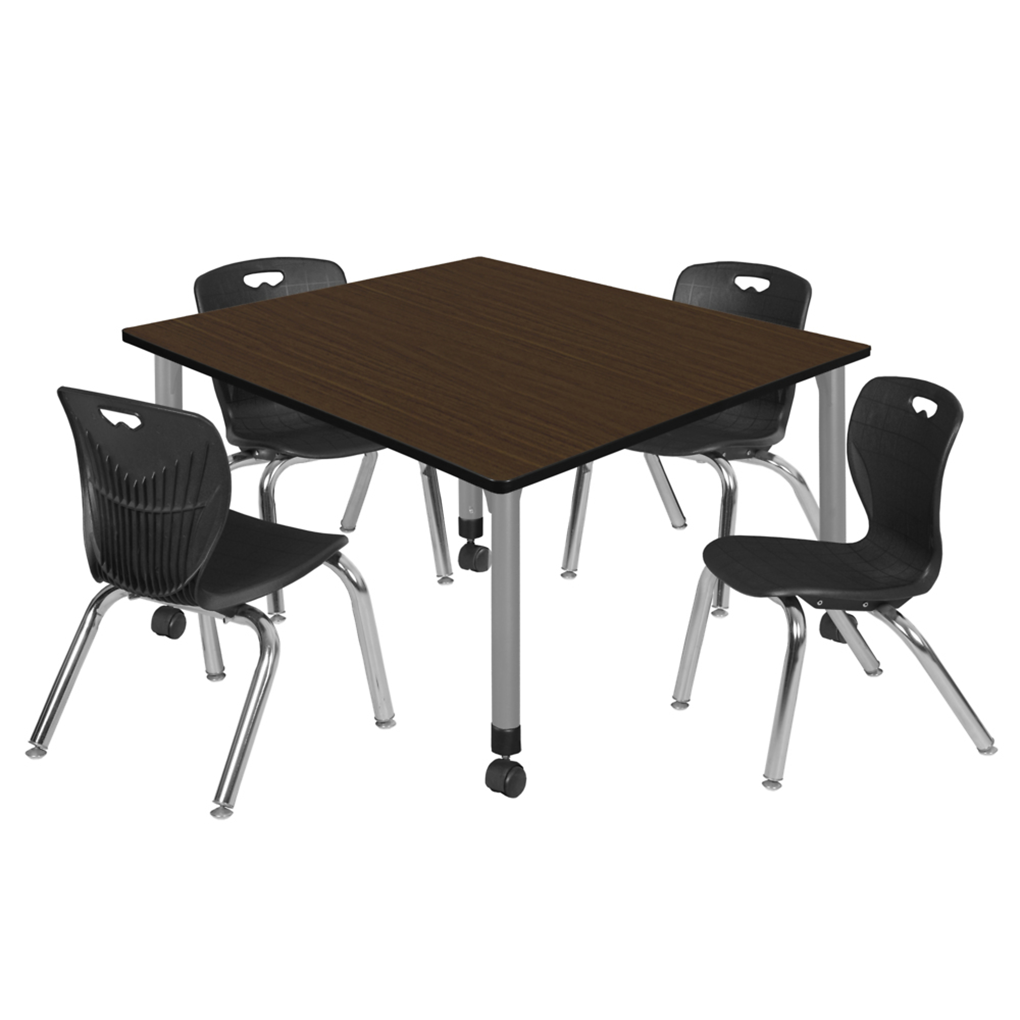 Regency Kee Mobile Adjustable Classroom Table and Chairs Set — 48in. Square, Walnut/Gray, Includes 4 Black Stack Chairs, Model# TB4848NWAPCGY45BK