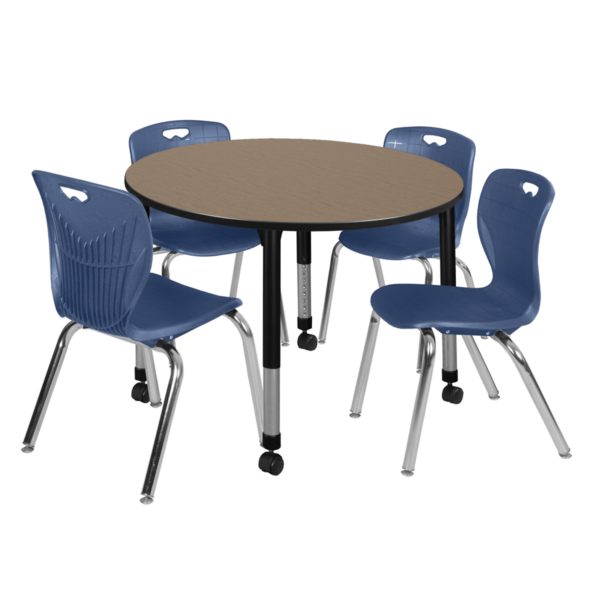 Regency Kee Round Mobile Adjustable Classroom Table with 4 Andy Stack Chairs — 48in. Noble Oak Top, Black Base, 18in. Blue Chairs, Model# TB48RNDNOAPCBK40NV