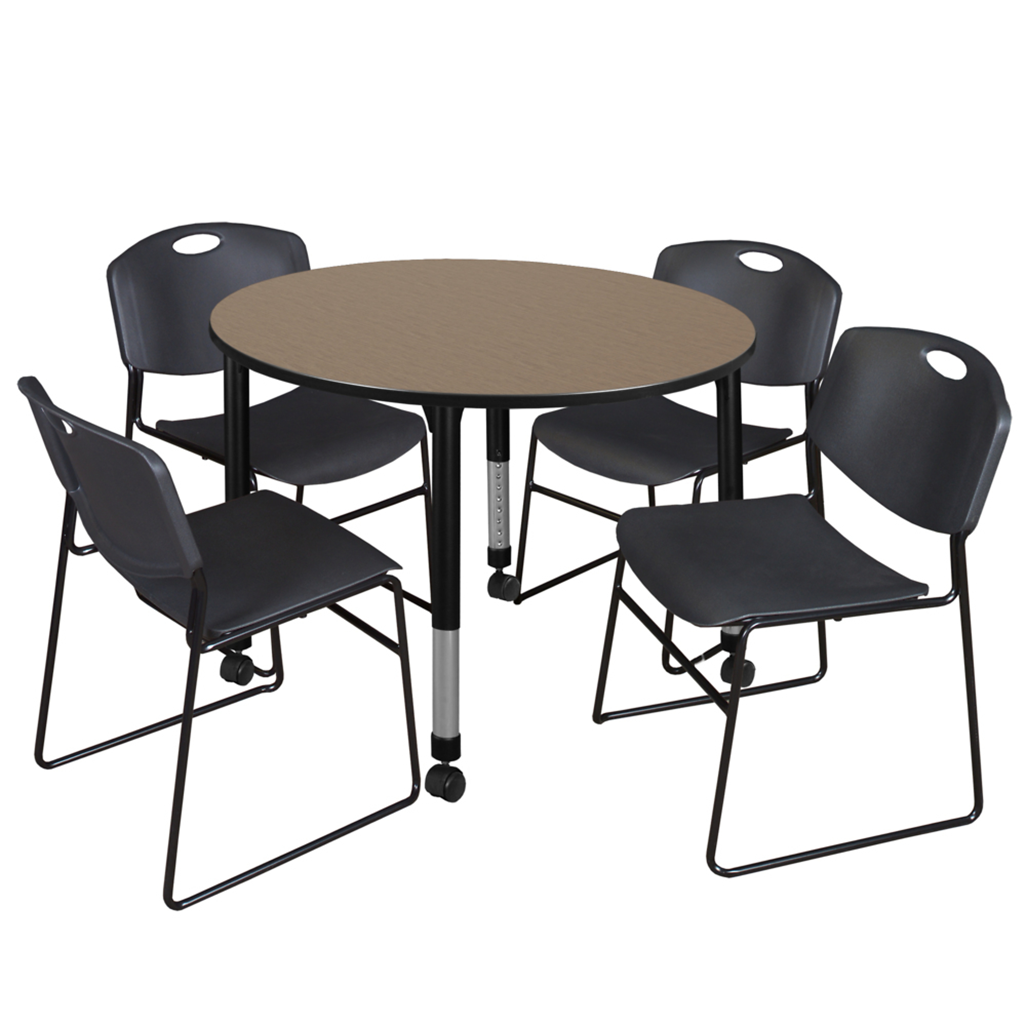 Regency Kee Round Mobile Adjustable Classroom Table with Zeng Stack Chairs — 48in. Noble Oak Top, Black Base, 4 Chairs, Model# TB48RNDNOAPCBK44BK