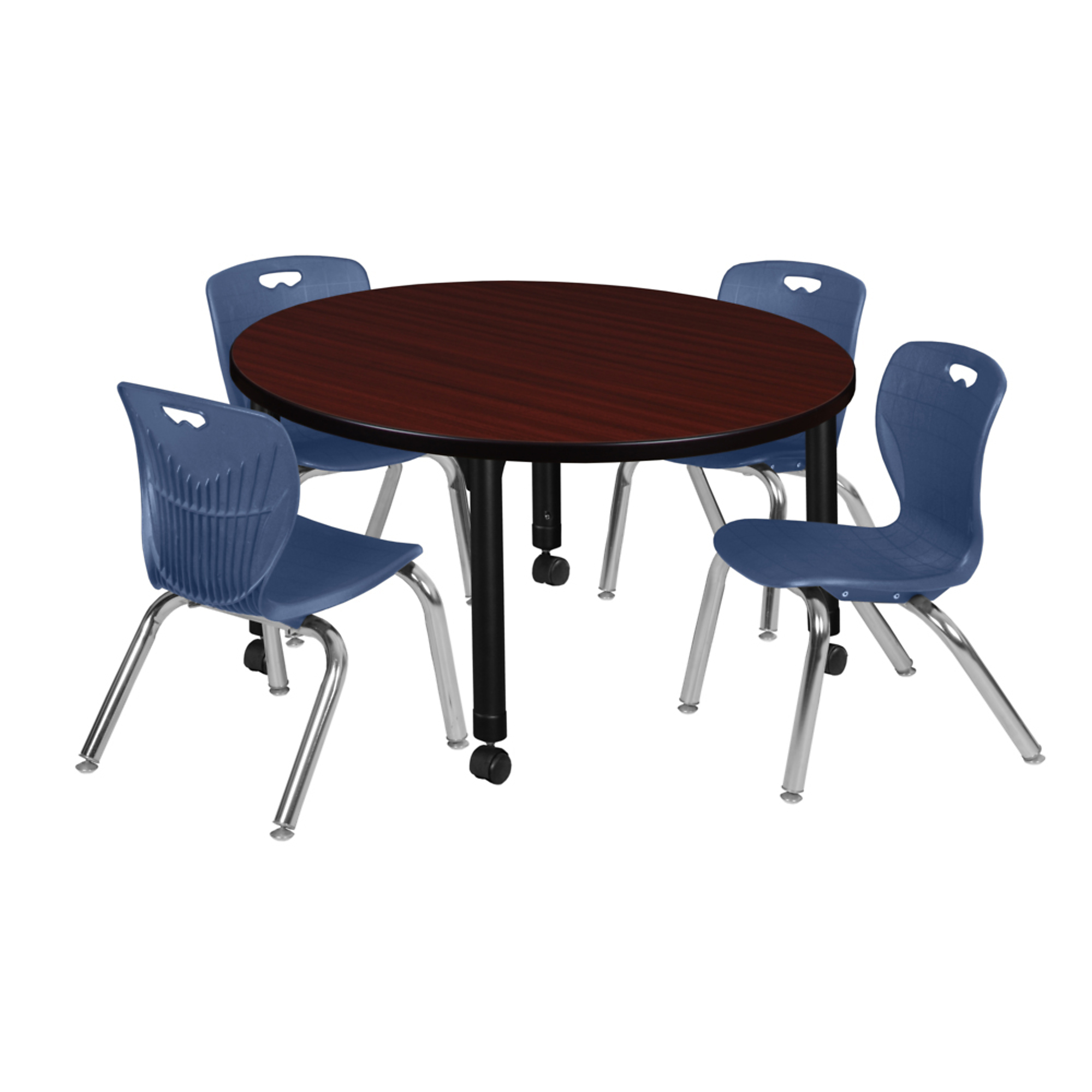Regency Kee Adjustable Classroom Table with 4 Andy Stack Chairs — 42in. Round, Mahogany/Grey, Blue, Model# TB42RNDMHAPCBK45NV