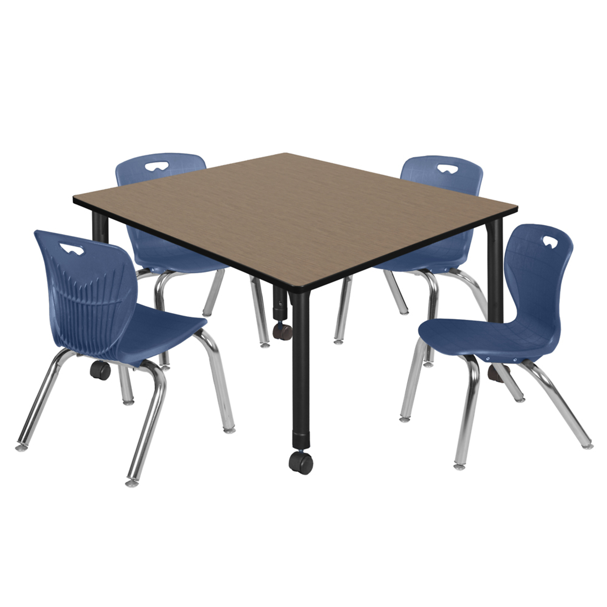 Regency Kee Mobile Classroom Table Set — 48in. Square, Adjustable Height, Noble Oak Top, Black Base, Includes 4 Blue Stack Chairs, Model# TB4848NOAPCBK45NV