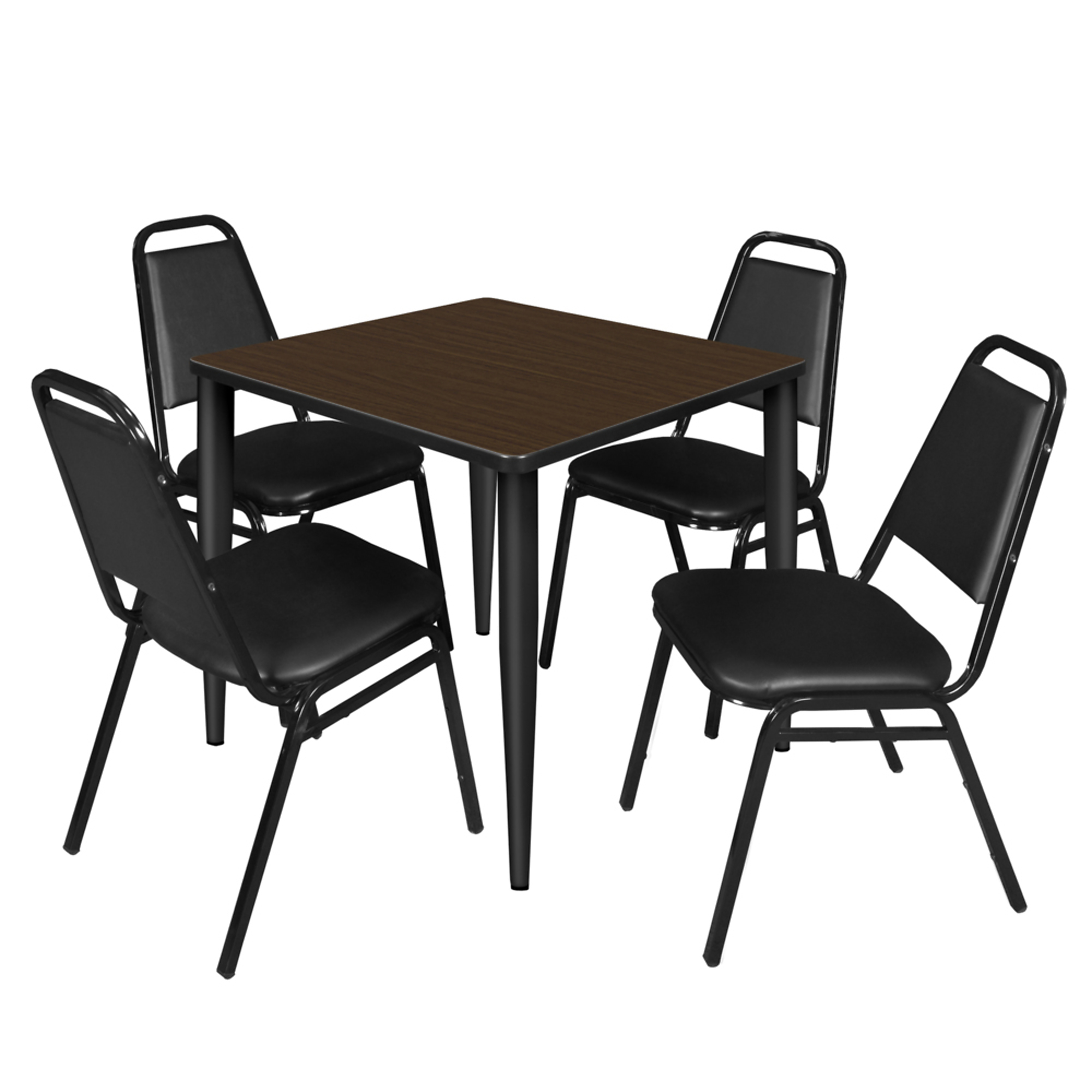 Regency Furniture Kahlo Breakroom Table Set — 30in. Square, Neo Walnut/Black, Includes 4 Stack Chairs, Model# TPL3030NWBK29BK