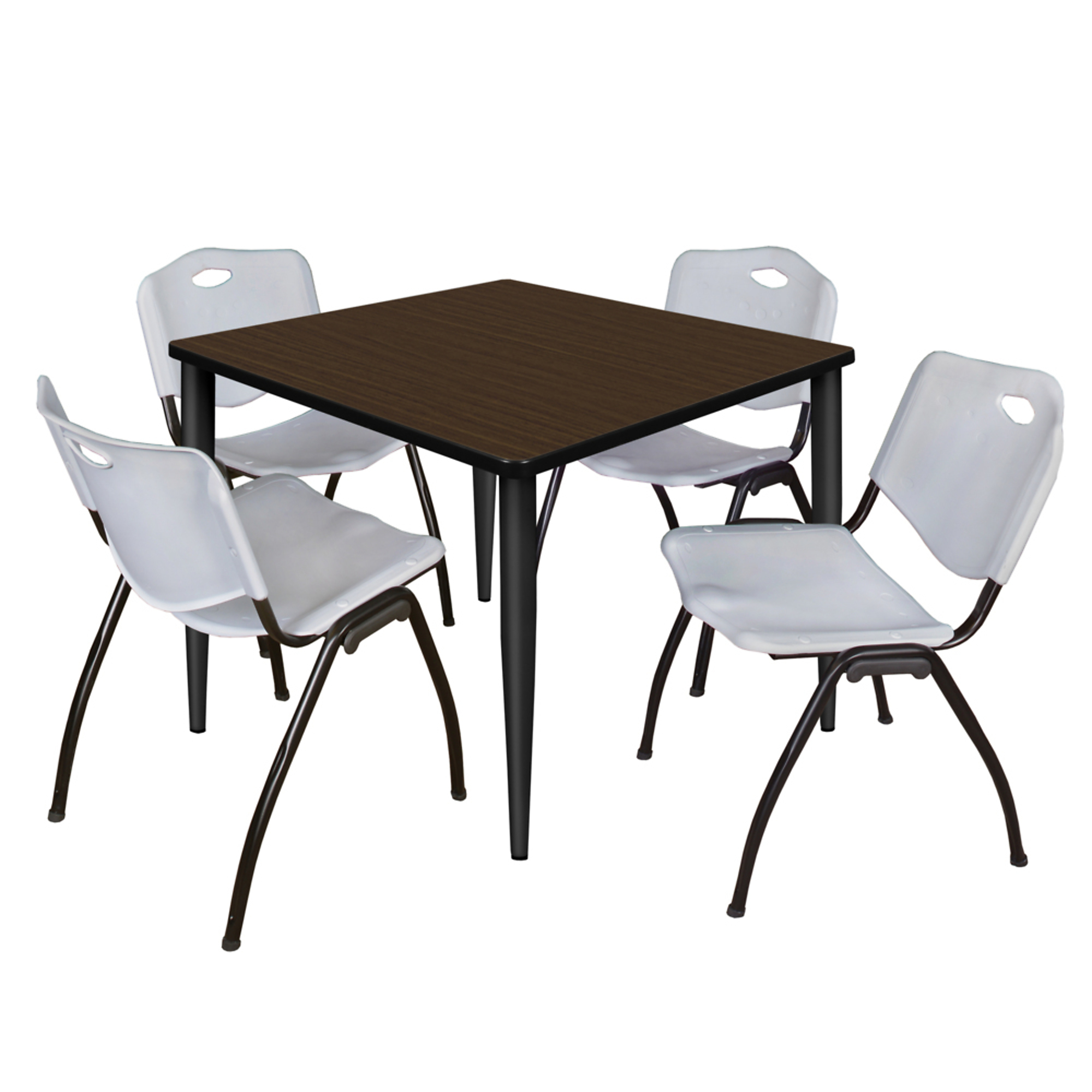 Regency Kahlo 36in. Square Breakroom Table — Neo Walnut Top, Black Base, 4 Grey Stack Chairs, Model# TPL3636NWBK47GY