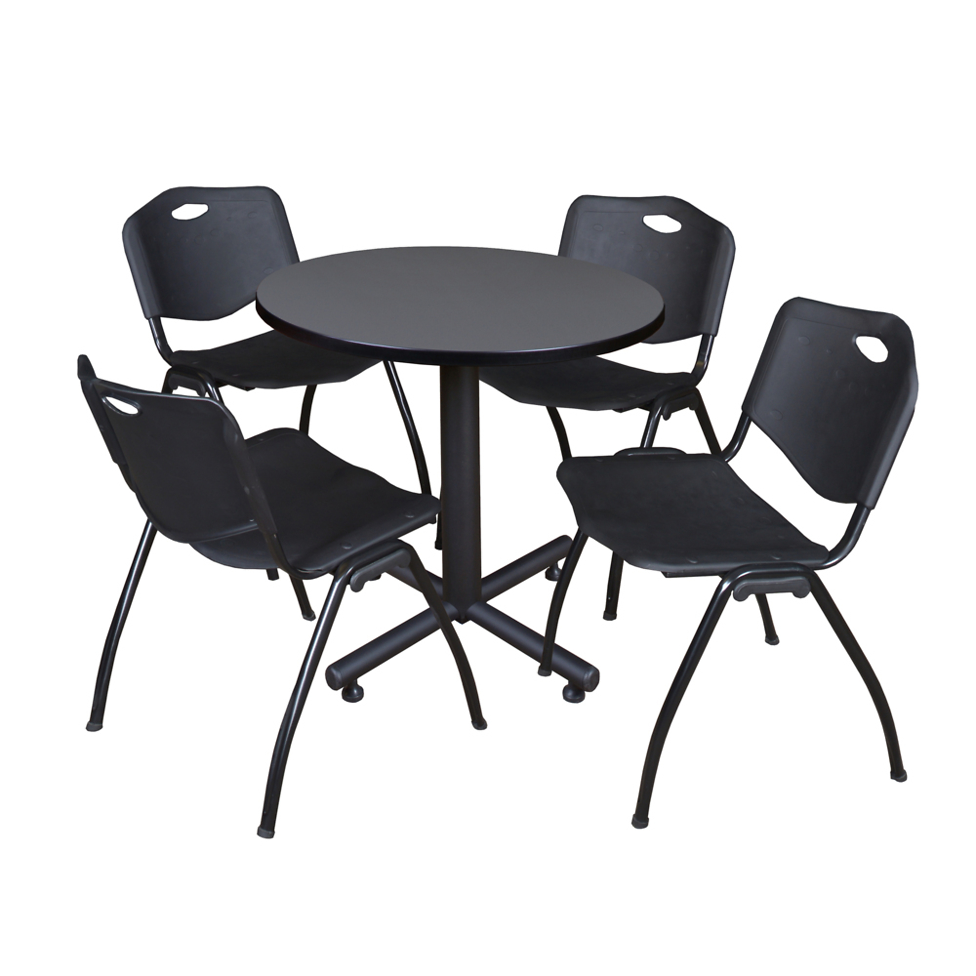 Regency Furniture Kobe Round Breakroom Table with X-Base — 30in., Grey/Mahogany, Includes 4 Black Stack Chairs, Model# TKB30RNDGY47BK