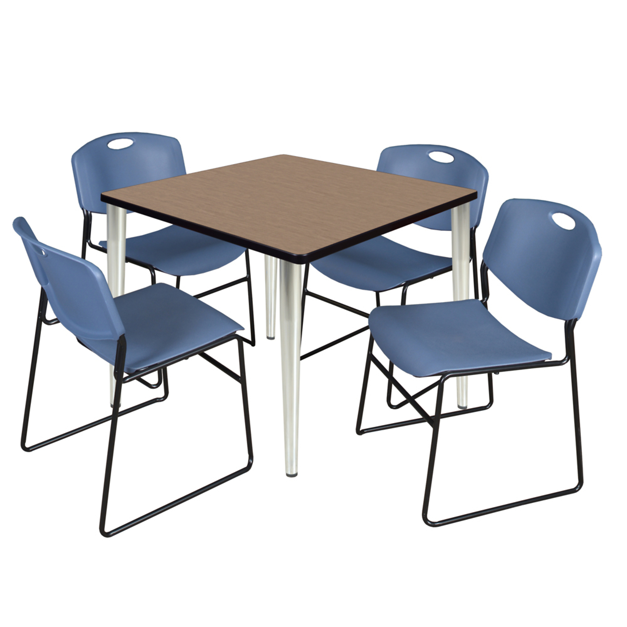 Regency Kahlo Breakroom Table Set — 36in. Square, Noble Oak Top, Chrome Base, 4 Blue Zeng Stack Chairs, Model# TPL3636NOCM44BE