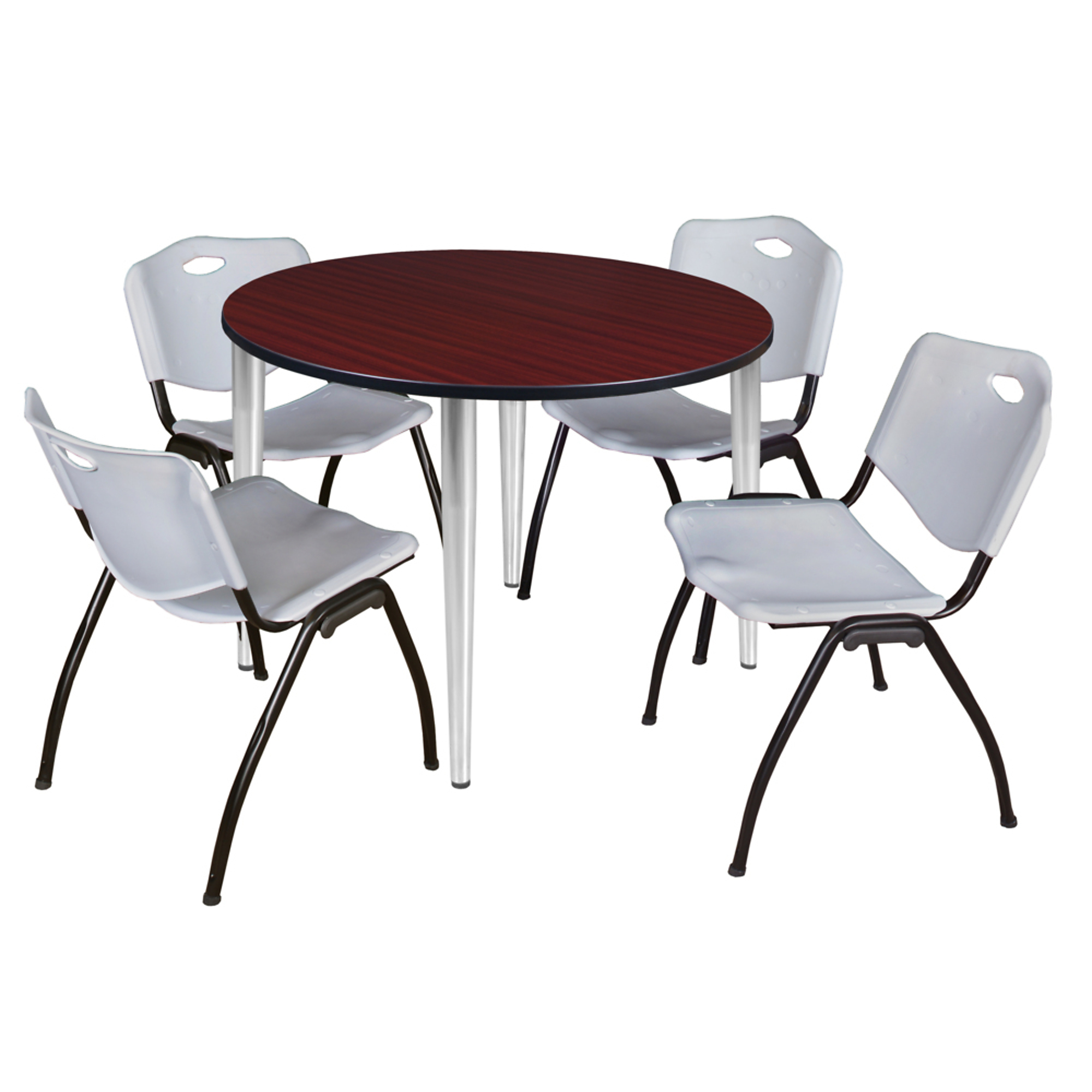 Regency Kahlo Round Breakroom Table Set — 48in. Mahogany/Grey Top, Chrome Base, 4 Grey Stack Chairs, Model# TPL48RNDMHCM47GY
