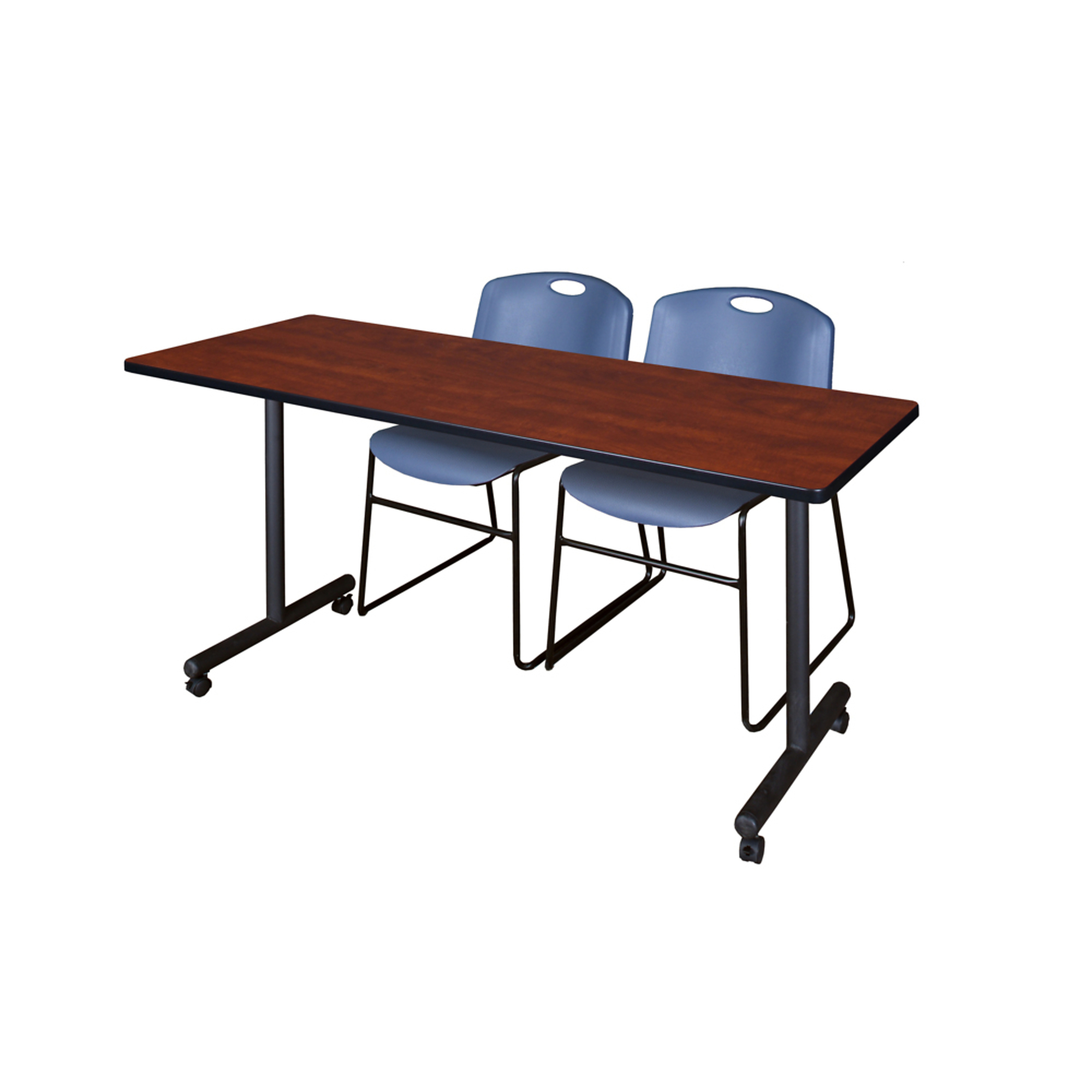 Regency Kobe Mobile T-Base Training Table and Zeng Stack Chairs Set — 66in. x 24in., Cherry/Maple Table, 2 Blue Chairs, Model# MKTRCC6624CH44BE