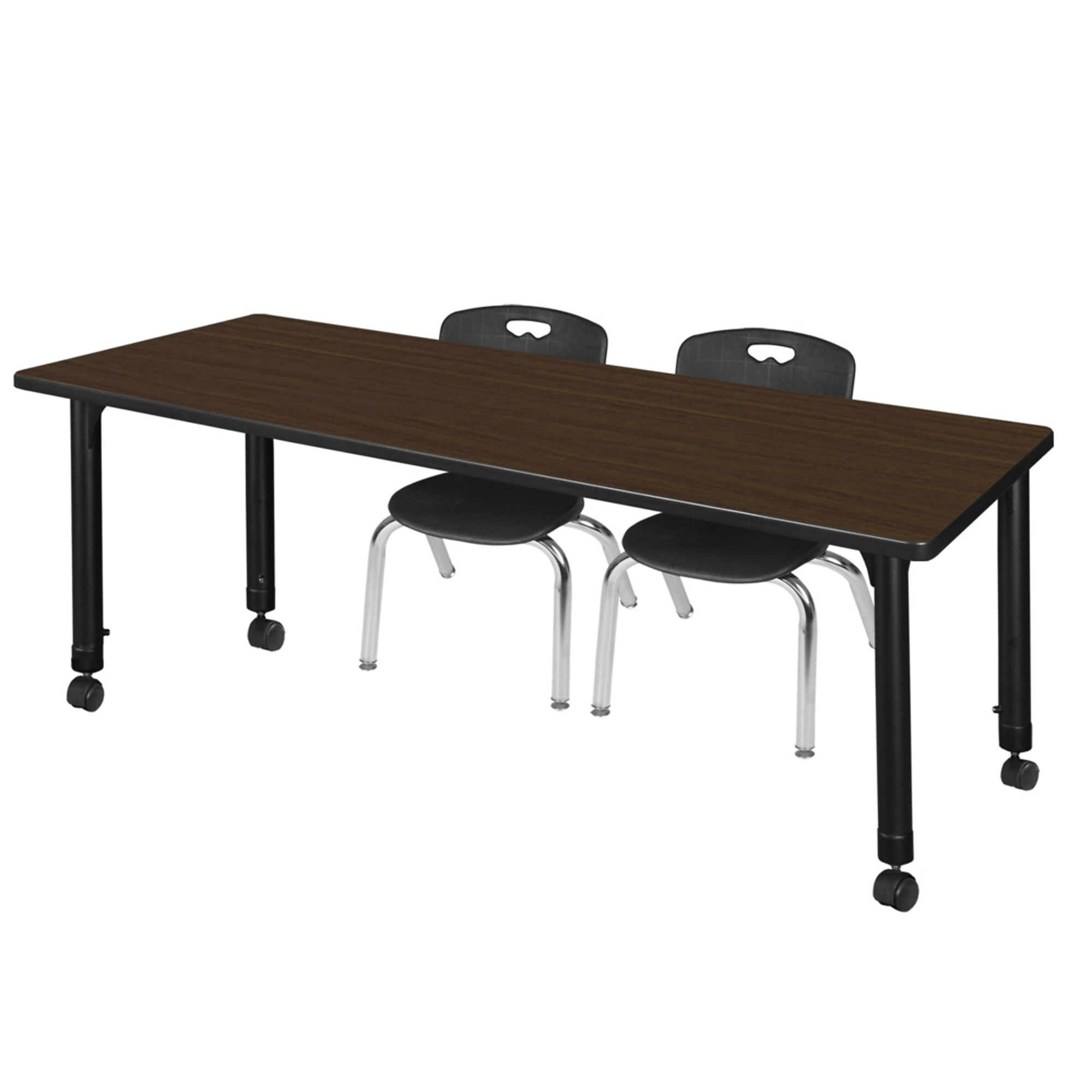Regency Kee Mobile Adjustable Classroom Table Set — 66in. x 24in., Neo Walnut Top, Black Base, 2 Black Stack Chairs, Model# MT6624NWAPCBK45BK